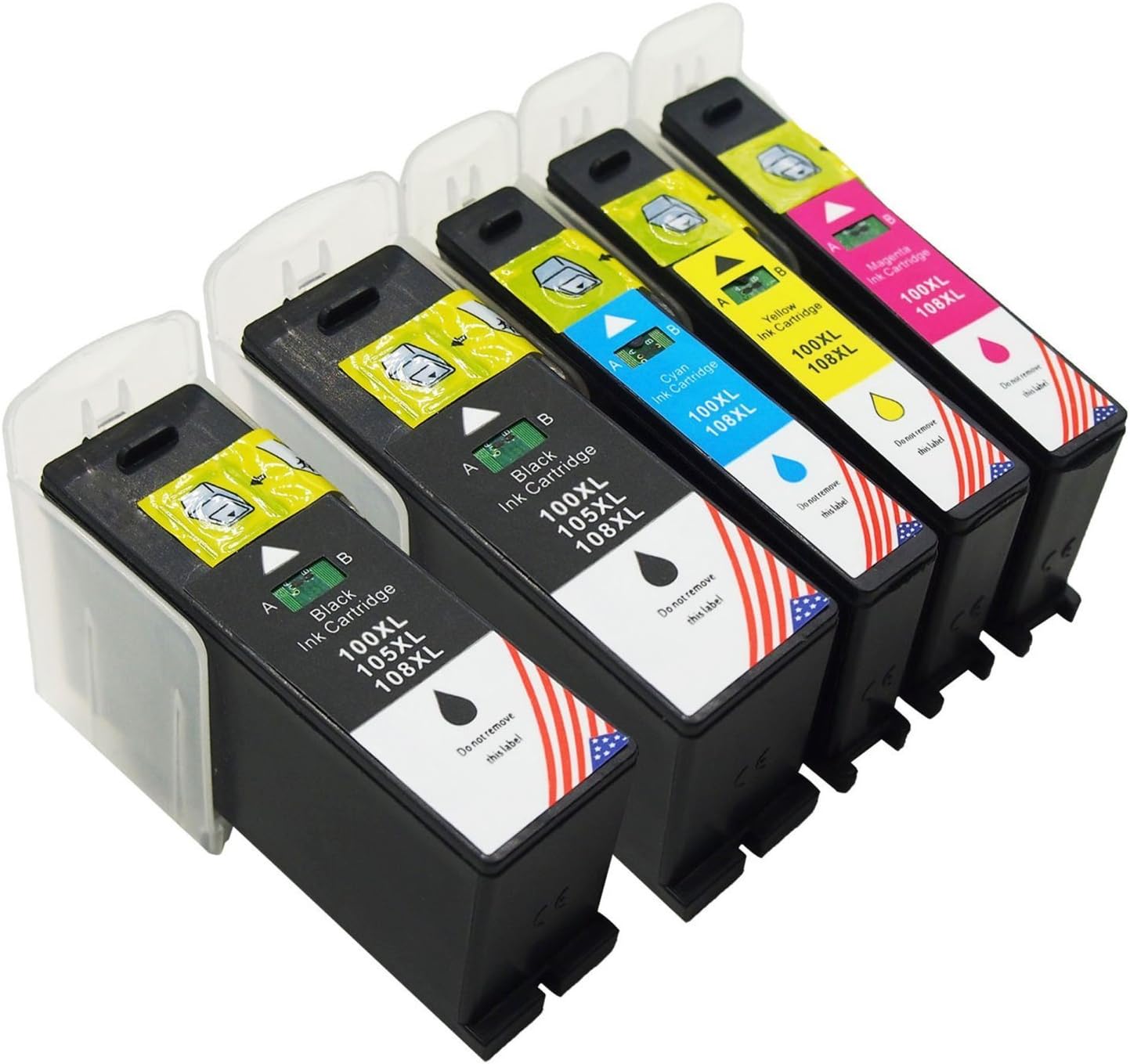 Toner Kingdom® Compatible Ink Cartridge Replacement for Lexmark 100XL High Yield Ink Cartridge Replacement for use with Lexmark Printers: Genesis S815, Genesis S816, Impact S300, Impact S301, Impact S305, Institution S505, Interact S605, Interpret S405, Pinnacle Pro901, Platinum Pro905, Prestige Pro805, Prevail Pro70, Prospect Pro205 Replacement for ink jet printer. 14N0820 / 14N1068(2 Black,1 Cyan,1 Yellow,1 Magenta)