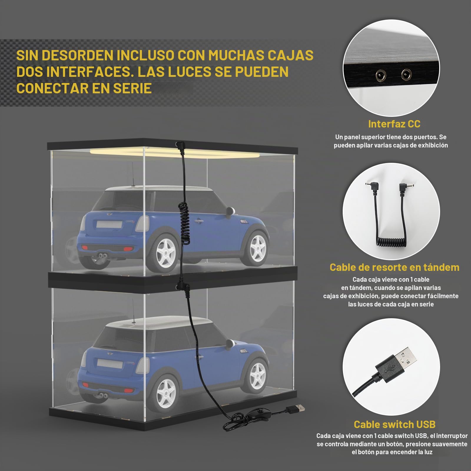Vitrina Expositora con Luz, Transparente Vitrina Acrílica para Lego 11375 10337 10295 42204 10330 Modellini Auto , Antipolvo Expositor Metacrilato Caja para Coleccionables, 40x20x20cm, Negro