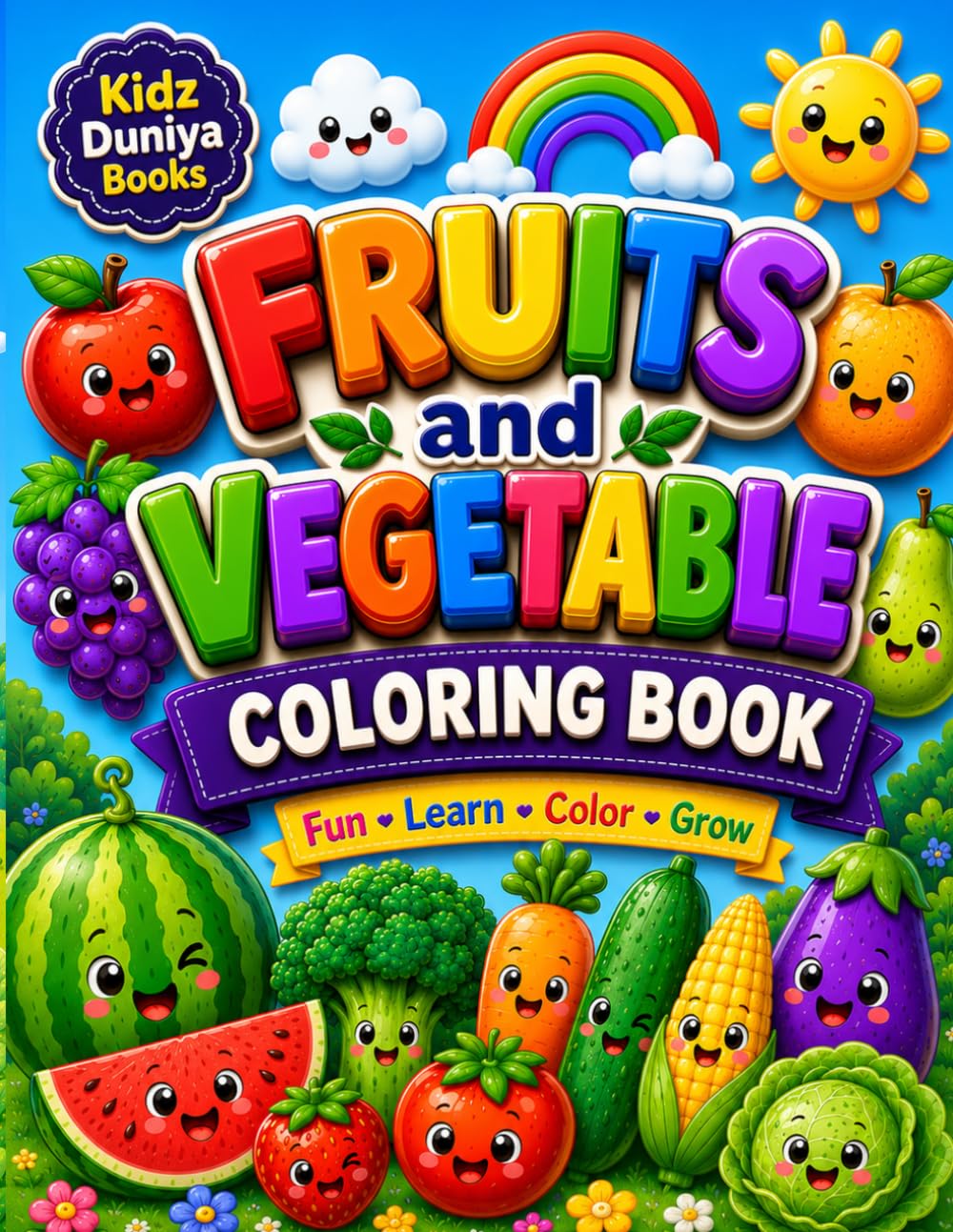 Fruits & Vegetables Coloring Book: Fun and Easy Fruit Coloring Pages for Toddlers, Preschoolers, and Kids Ages 2–6 with cute Fruits, Vegetables | Big ... Book for Kids (Kidz Duniya Coloring Books)