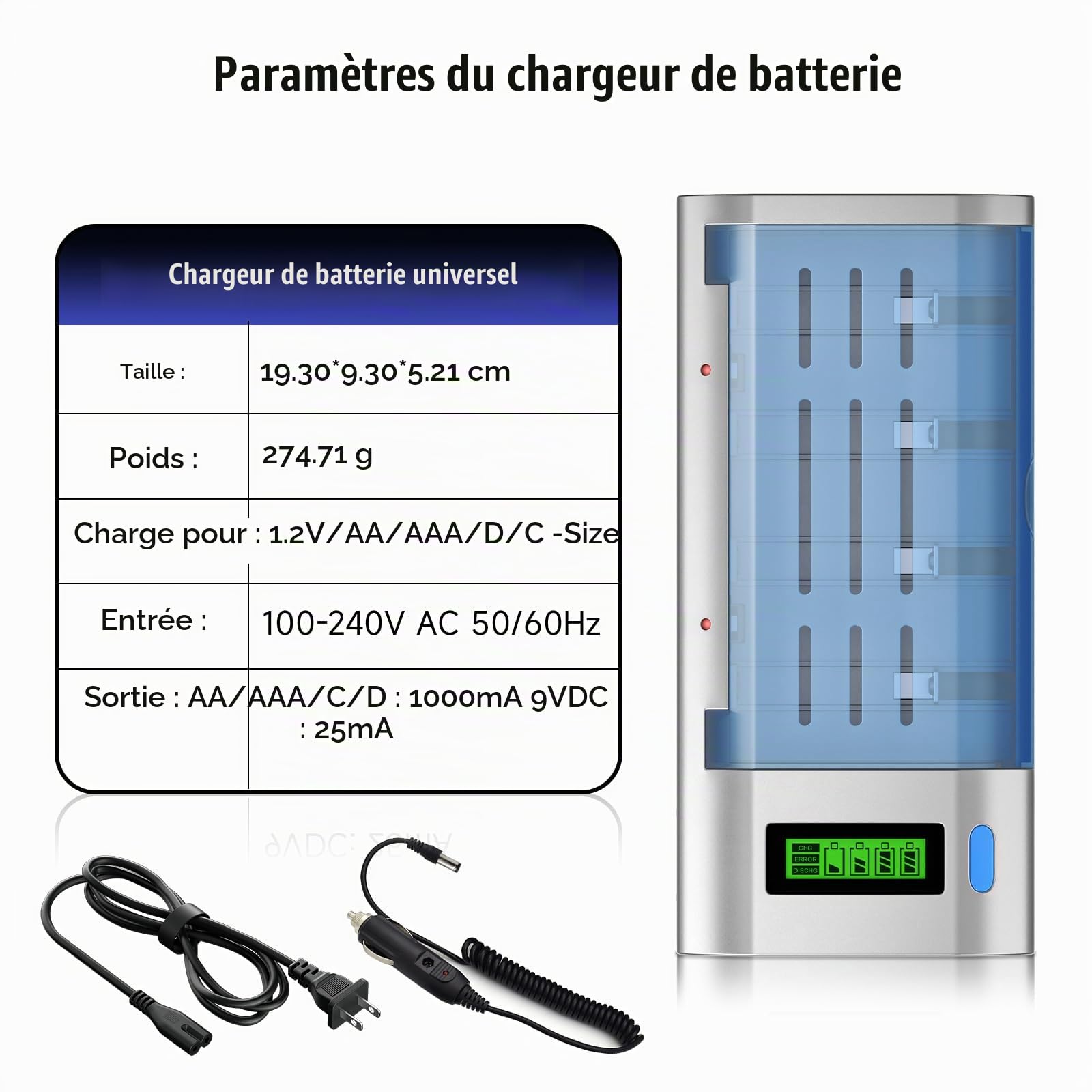 Batterie Baby C Rechargeable avec Chargeur de Batterie Universel, 6 pièces 4000mAh, Piles C Rechargeables avec Chargeur de Batterie LCD pour Batteries AA/AAA/C/D NI-MH (Charger+6C/LR14)