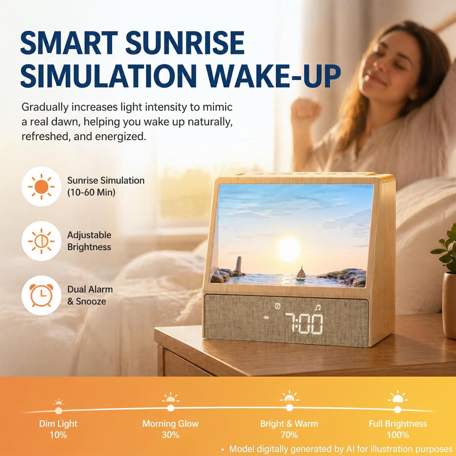 Reveil Simulateur D'aube avec Six Éclairages D'ambiance,Réveil Lumineux Comprend 12 Types De Bruit Blanc,Enceinte Bluetooth,Minuteur, Réveil Matin Veilleuse Pour Enfant/Ado/Adulte (Couleur bois)