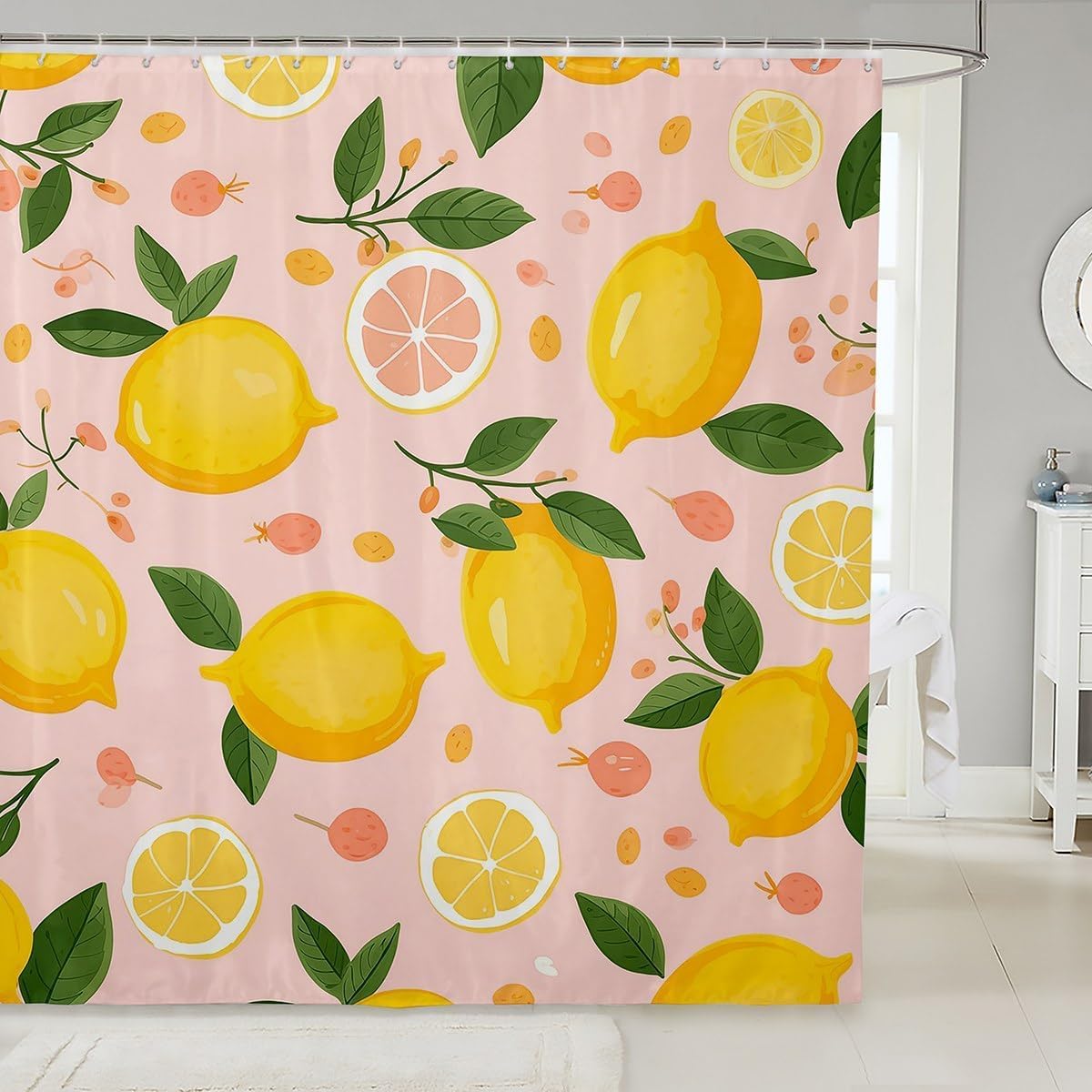 Rideau de douche 240x200 cm en polyester rose et vert citron f-7848