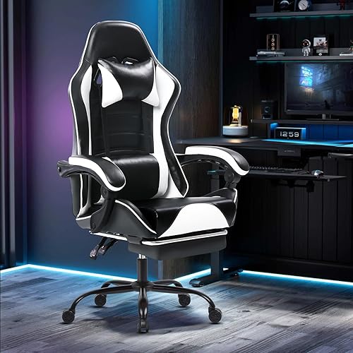 Miniatura 2 de Bstyjqxh Silla de juegos blanca para niños, silla ancha de computadora para personas pesadas, silla de videojuegos de masaje con soporte lumbar