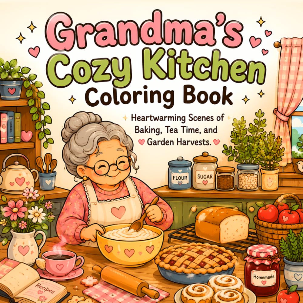 Grandma's Cozy Kitchen Coloring Book: Bold and Easy Heartwarming Scenes of Baking, Tea Time, and Garden Harvests for Teens and Adults