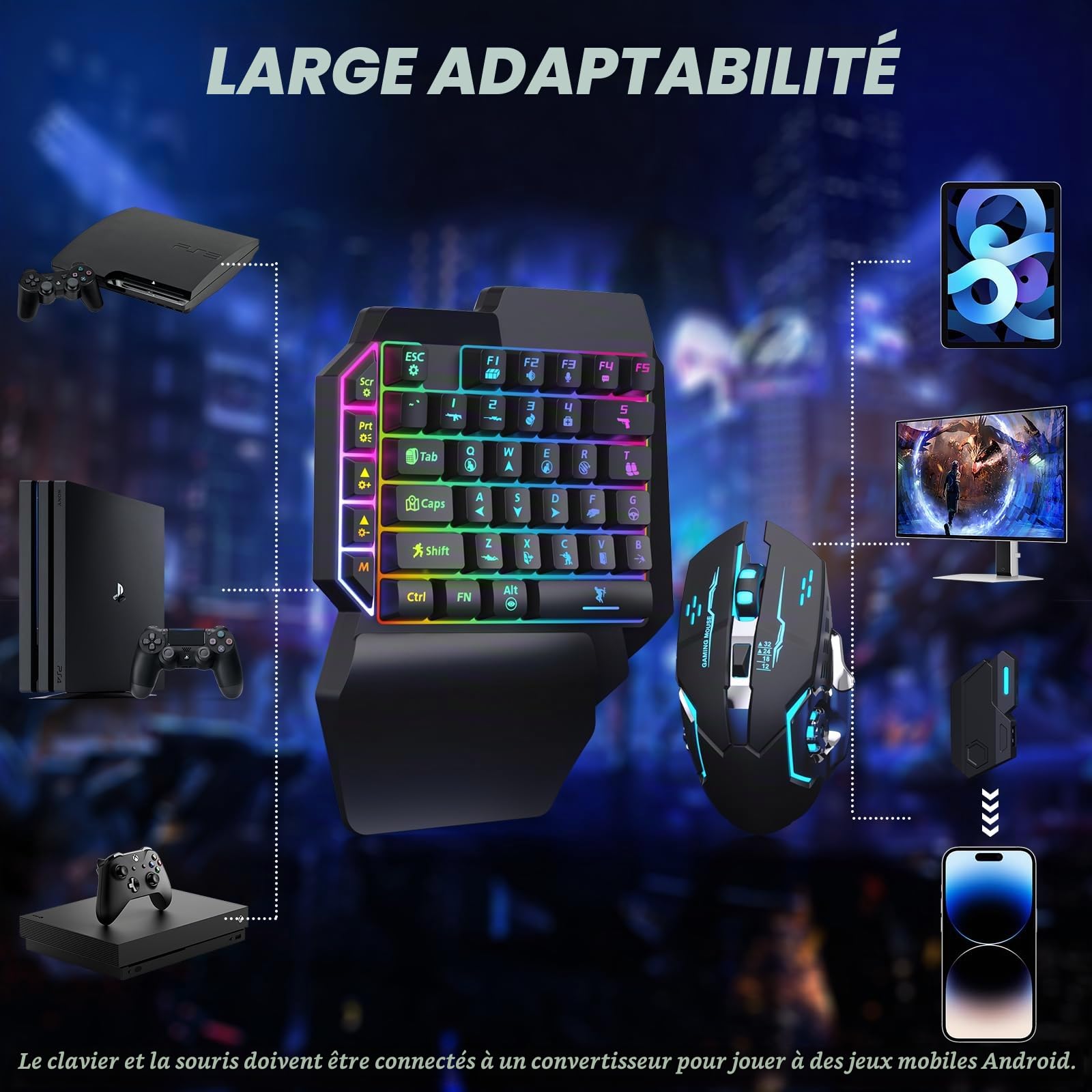 Bestcool Clavier mécanique Filaire à 39 Touches RVB avec Repose-Poignet, convertisseur de Souris de Jeu pour PUBG, Jeux sur téléphone Android, Pas pour iOS