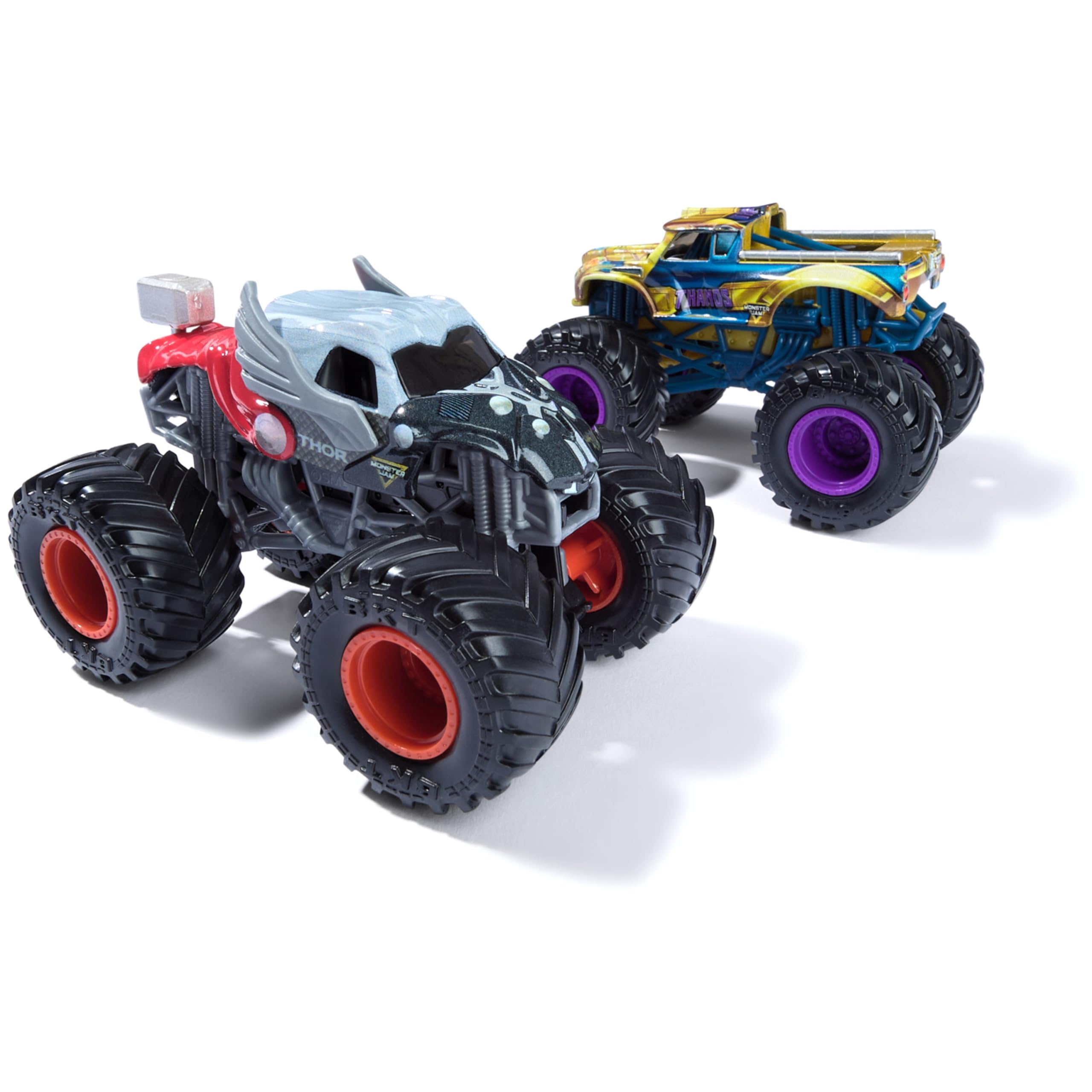 Monster Jam, Marvel Oficjalne odlewane ciężarówki Thanos Vs Thor Monster Truck w skali 1:64, zabawki dla chłopców i dziewczynek od 3 lat