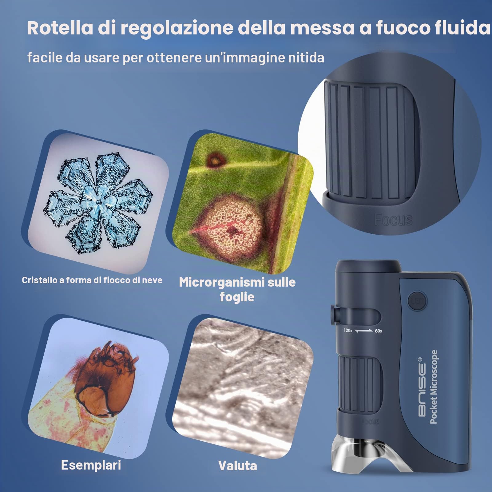 Microscopio tascabile per bambini, microscopi portatili 60X-120X zoom con LED, mini microscopio portatile con 5 vetrini per microscopio per apprendimento, educazione ed esplorazione