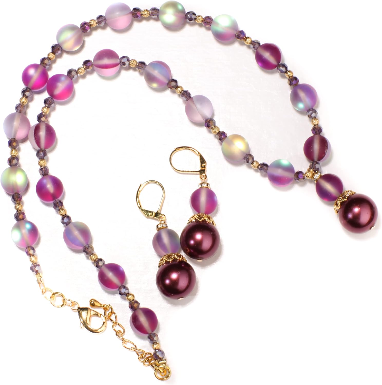 Matte Purple Sea Glass 10mm, South Sea Seashell Pearl, Matching Earrings Jewelry Set. 14mm Pearl Centerpiece 18" Necklace plus 2" Extension Chain
