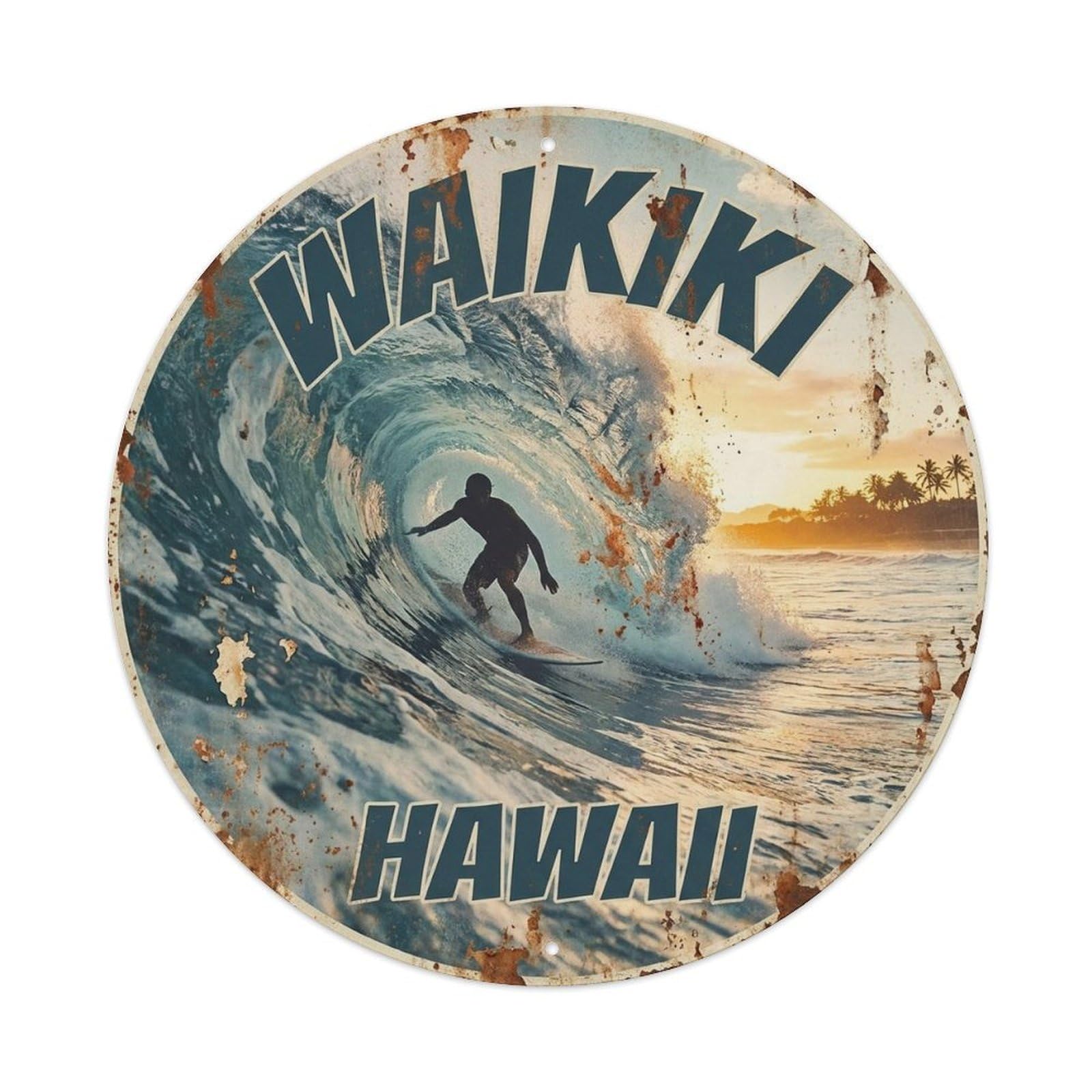 Olyhtr 8X8inch Classic Style Waikiki Hawaii Surfing Wave Coastal Travel Culture Metal Tin Sign