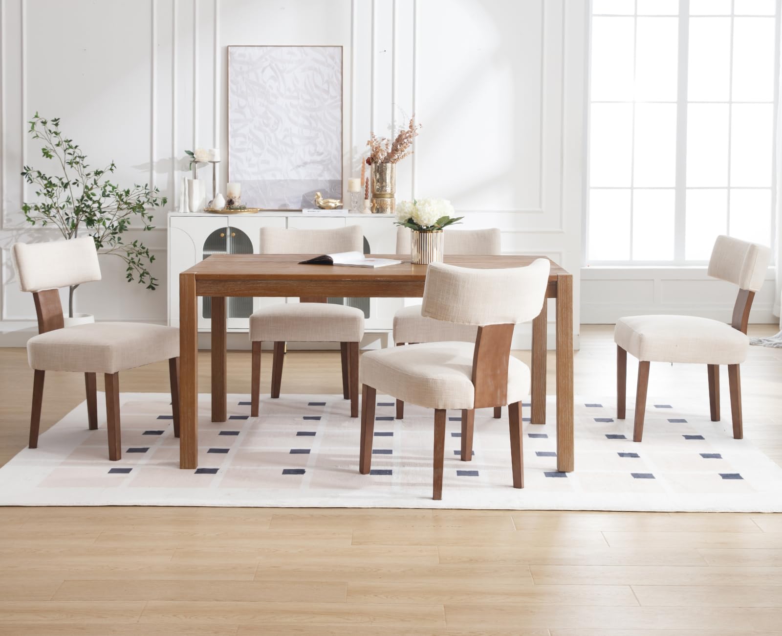 chairus Juego 2 de Sillas de Comedor Acolchada con Patas de Madera Silla de Cocina de Lino, Sillas Estilo Moderno Minimalista con Respaldo Curvo para Mesa/Salón, Beige