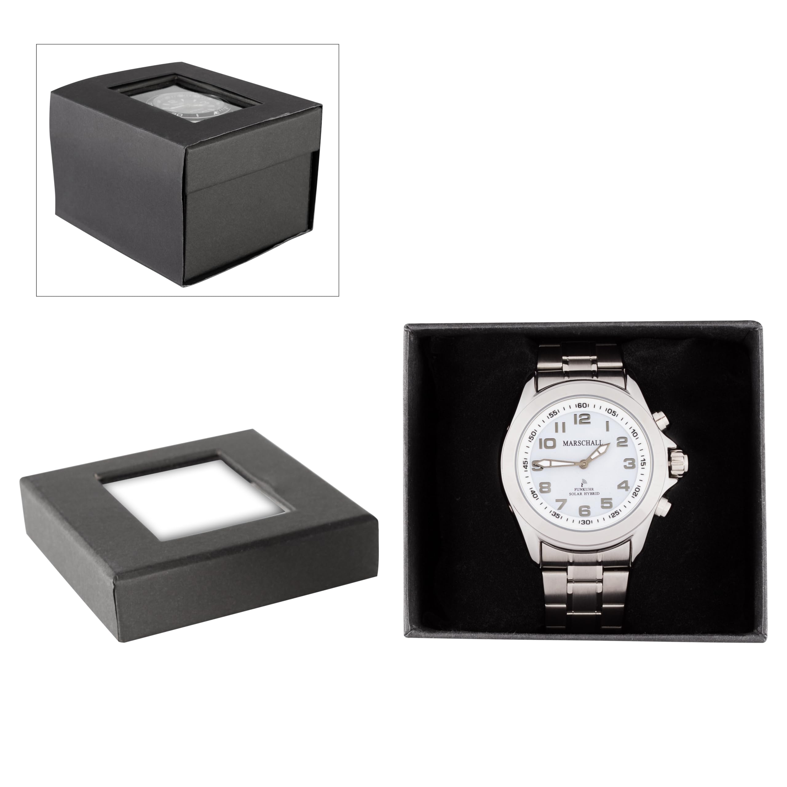 Marschall Deutsch sprechende Herren Armbanduhr I Mit Solarpanel I 1146w I Funkarmbanduhr I Für Blinde, Senioren und Demenzkranke I Datum- und Zeitansage I Vario-Edelstahlarmband