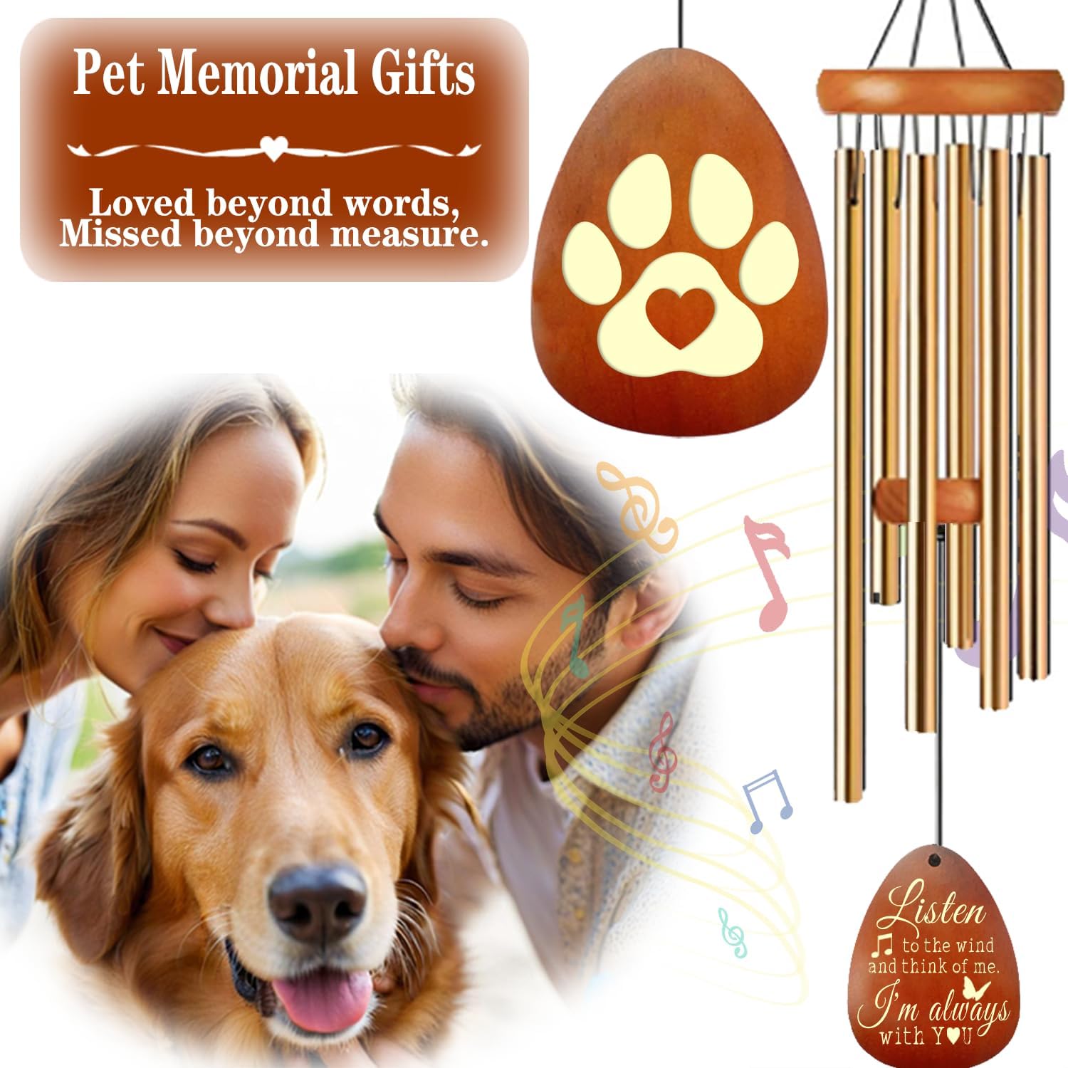 Pet Grave Markers Dog, Metal Pet Metal Memorial Garden Stake, 26" Pet Memorial Wind Chime, Gifts for Loss of Dog, Dogs Wind Chimes