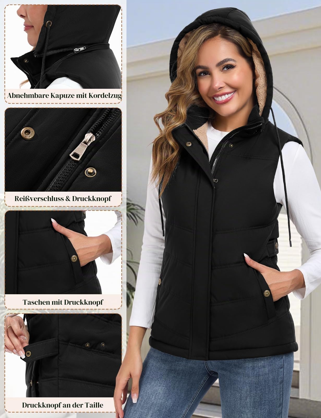 Tuopuda Damen Weste mit Abnehmbarer Kapuze Steppweste Fleece Gefüttert Fleeceweste Warme Winterjacke Ärmellos Jacke Thermo Stehkragen Vest Kapuzenweste Reißverschlüsse Herbst Winter
