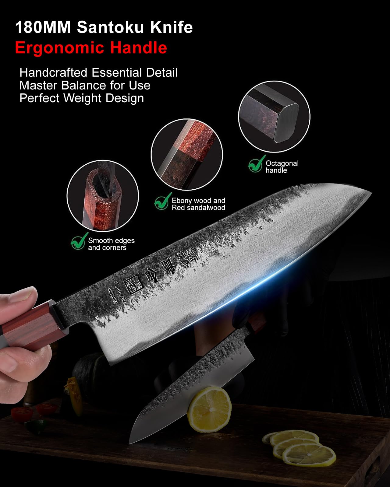 kanngou Japanisches messer 18 cm Santoku Kochmesser, Extra Scharfes Küchenmesser aus AUS-8 Stahl mit Ebenholz- und Rotholzgriff und Geschenkbox