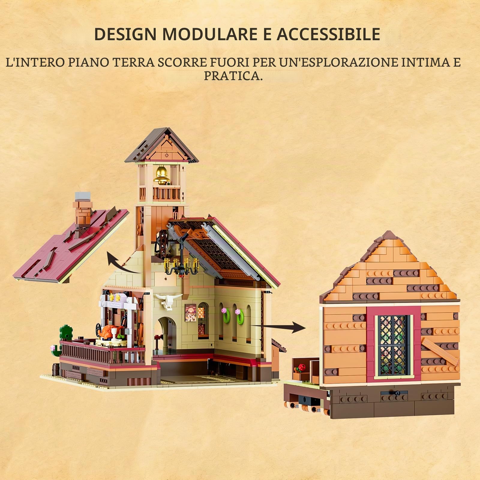 Lumibricks Western Meeting Hall - Set di mattoncini illuminati, 1800 pezzi, Wildwest, casa comune con luce LED, edificio modulare con interno estraibile, regalo per adulti