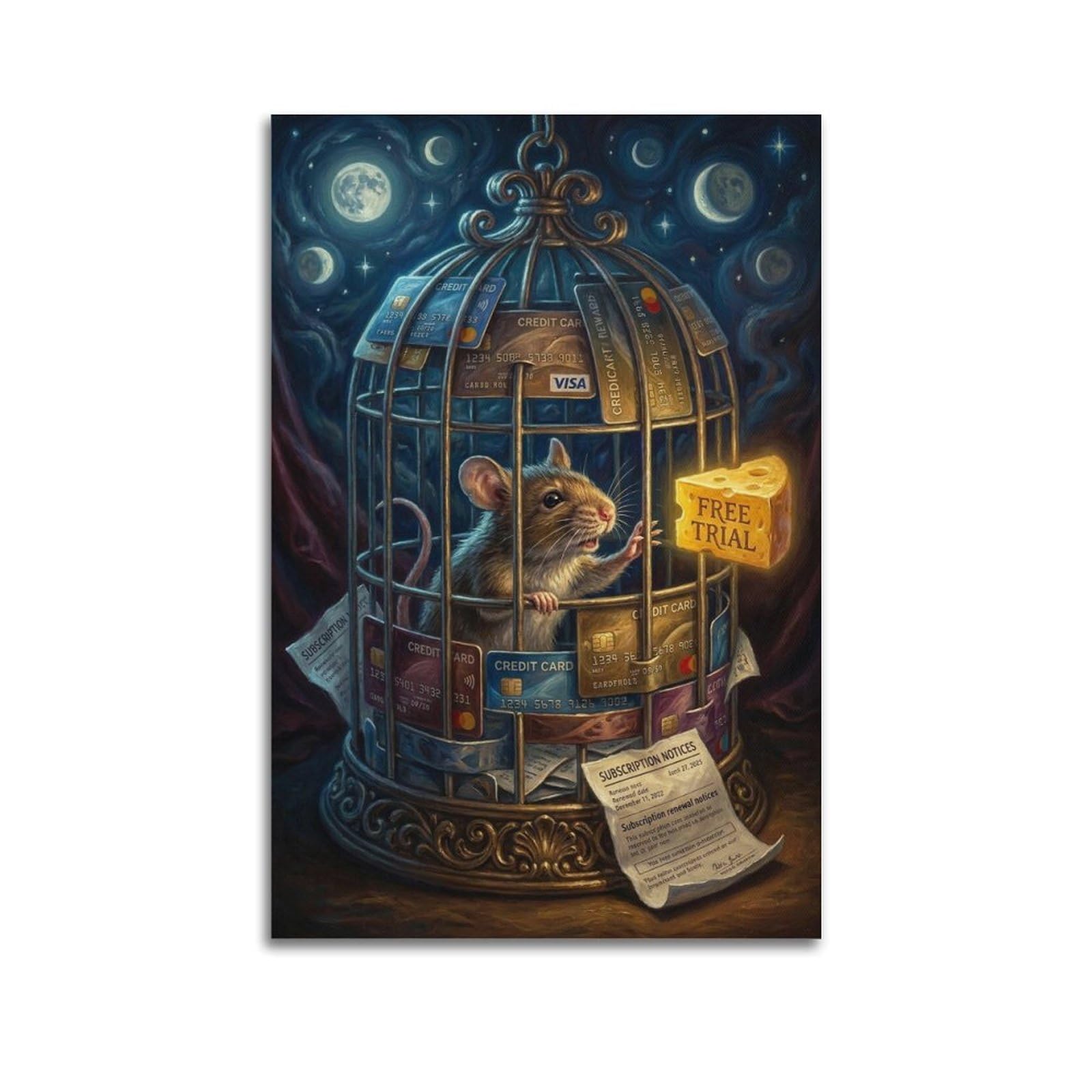 XKUGA Surreal Vintage Animal Poster Hamster Subscription Trap Cage Modern Decorative Canvas Prints - Ideal Wall Art for Family, Man Cave, Game Room, Boys & Girls Bedroom 16x24inch(40x60cm)
