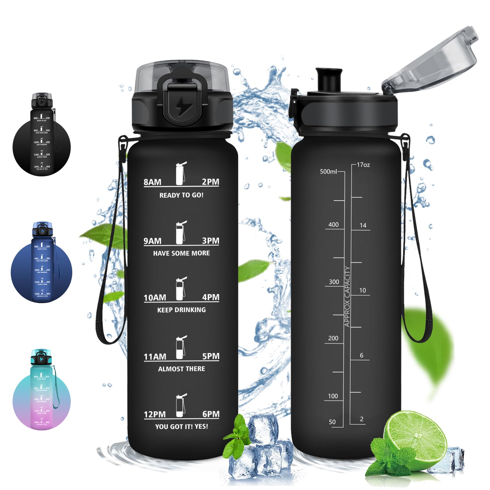 Vikaster Trinkflasche Sport, 500ml BPA-frei Tritan Auslaufsicher Kunststoff Wasserflasche, Kohlensäure Geeignet, Sportflasche für Fahrrad, Kinder, Schule, Yoga, Fitness, Yl-black