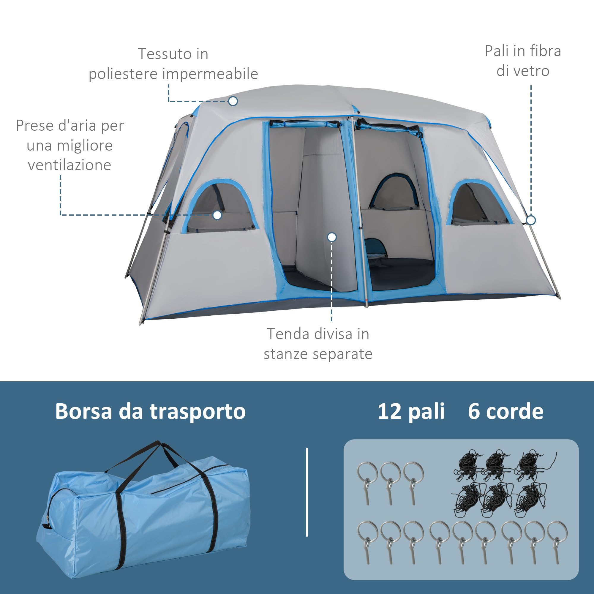 Outsunny Tenda da Campeggio 4 Persone con 2 Stanze e Finestre a Rete, Tenda a Casetta Anti UV e Impermeabile, 400x275x210 cm, Grigia