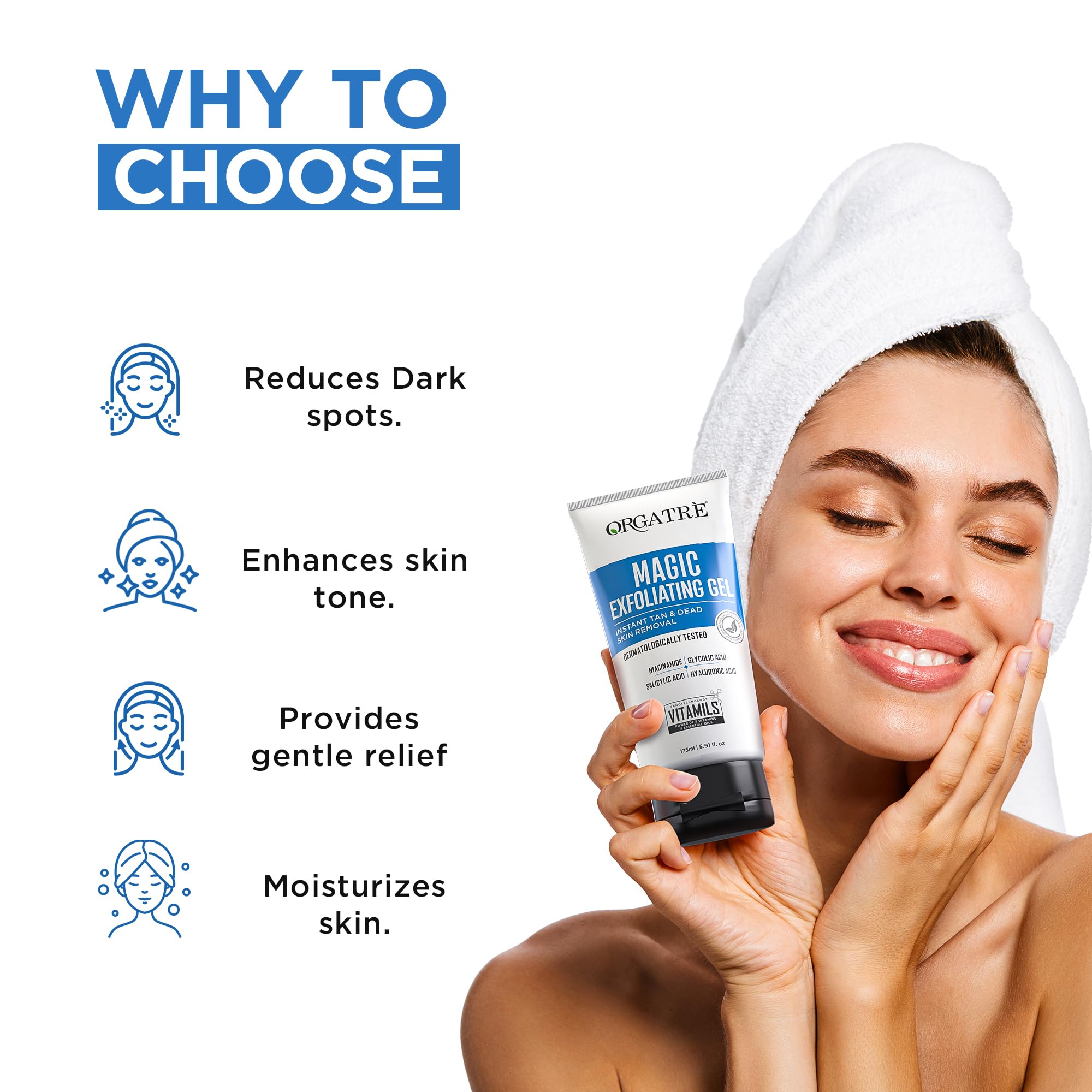ORGATRE Magic Exfoliating Scrub Gel for Face & Body | Tan Removal & Dead Skin Exfoliator with Glycolic Acid, Salicylic Acid, Niacinamide & Hyaluronic Acid | 175ml De-Tan Gel for Glowing Skin | Dermat Tested - Image 2 thumbnail
