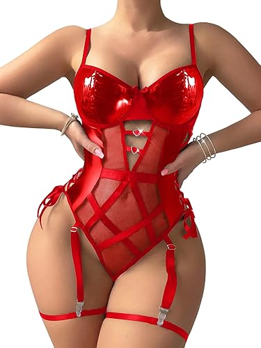 Foxiny Sexy Strappy Lace Up Underwire Sheer Leather Garter Belt Teddy Bodysuit Lingerie Top 2 Piece Set - 3X-Large - Pu Red