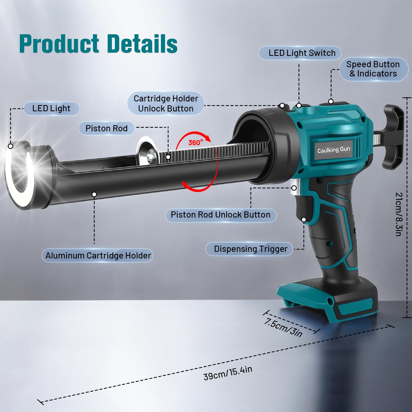 Pistola Silicona Compatible con 18V Makita Batería, Pistola Silicona Bateria de 10 oz/300 ml, Pistola Silicona Electrica Ajuste de 4 Velocidades para llenar y sellar (Sin Batería)