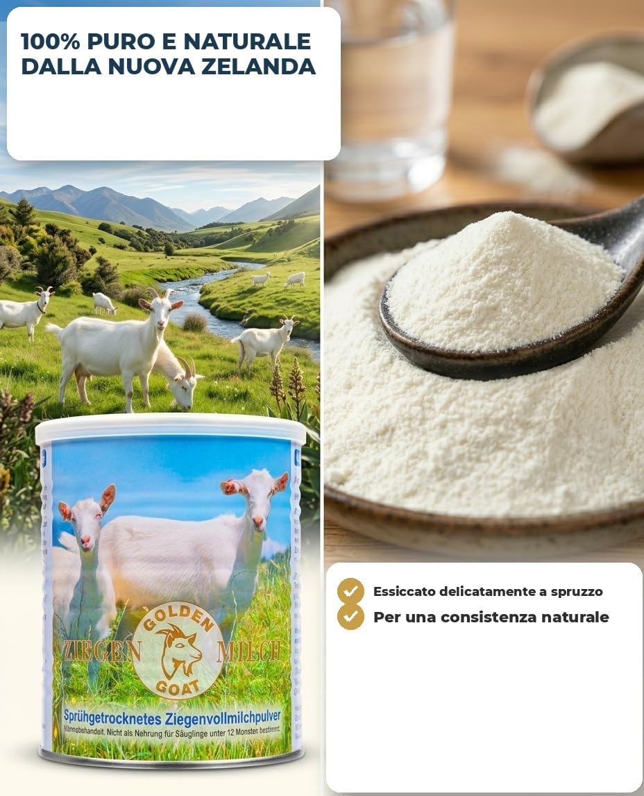 Golden Goat Latte di Capra in Polvere 4x 400 g — Latte intero di capra in polvere dalla Nuova Zelanda — Latte di capra in polvere per caffè, cucina & sostituto del latte — Anche per cane & gatto