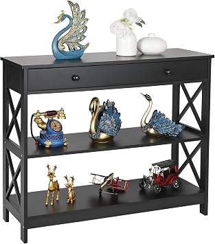 LEMY Console Table with Drawer, Wooden Side Sofa Table with Storage Shelves for Bedroom, Entryway, Living Room, X-Design, Black, 3-Tier Shelf