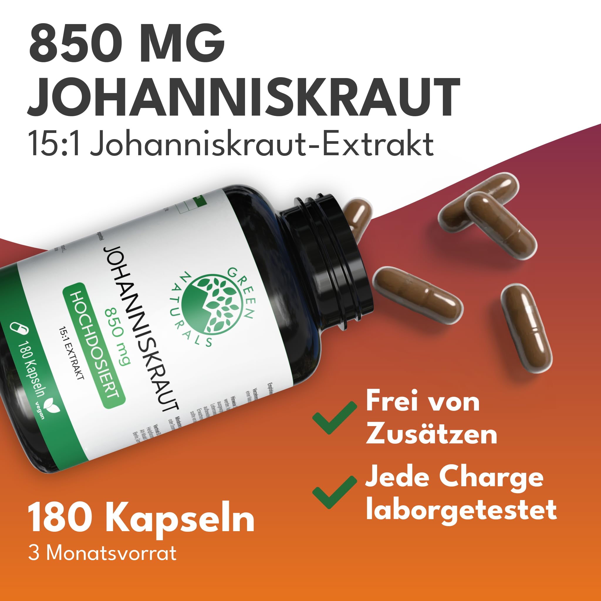 Green Naturals Johanniskraut – Hochdosiert: 850 mg Extrakt – 180 Kapseln | 15:1 pro Tagesdosis · Entspricht 12.750 mg · 2,55 mg Hypericin · Hypericum perforatum · 3-Monatsvorrat