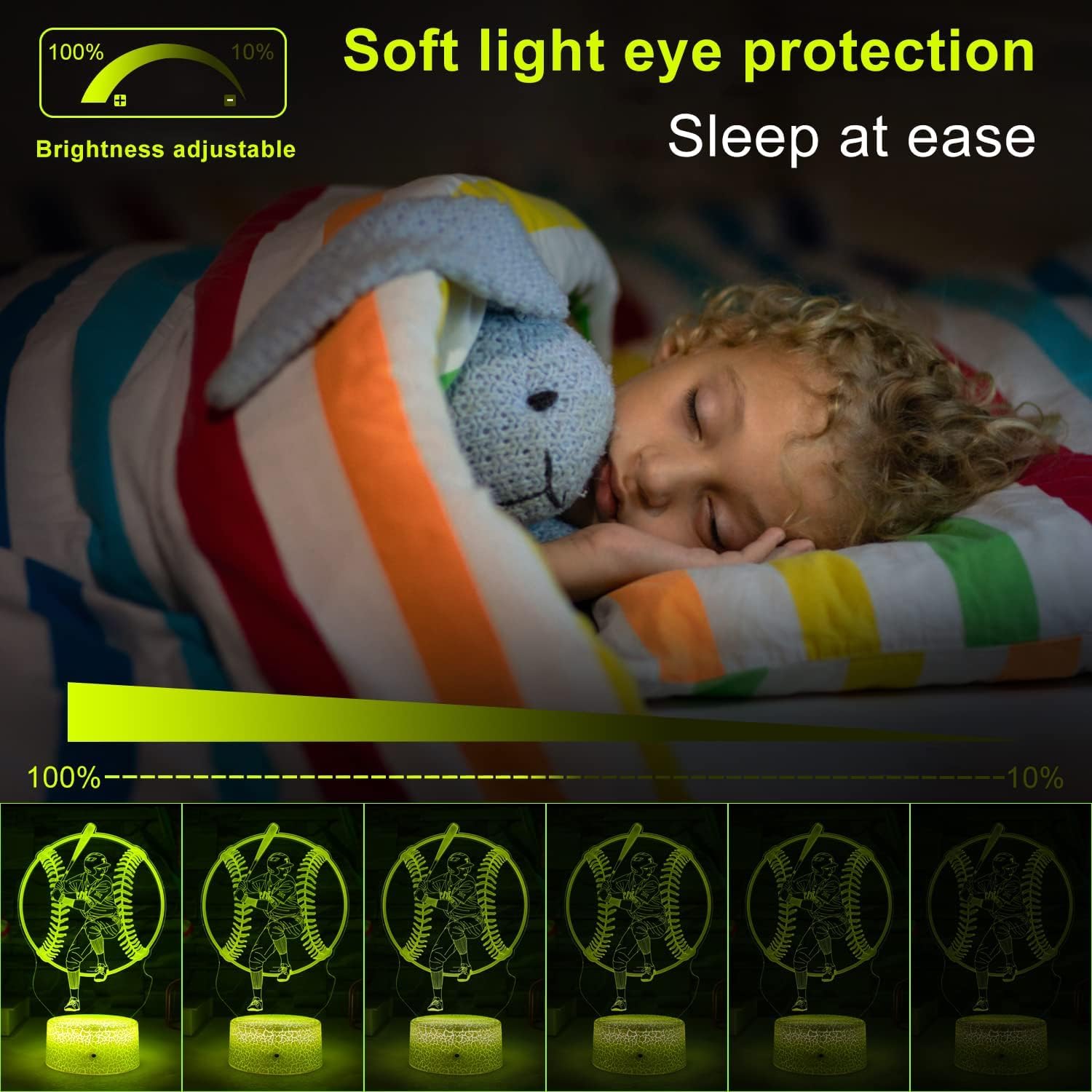 3D Baseball Night Light, 16 Colors LED Illusion Lamp with Remote Control, Sports Theme Bedroom Decor, USB & Battery Powered, Gift for Baseball Fans