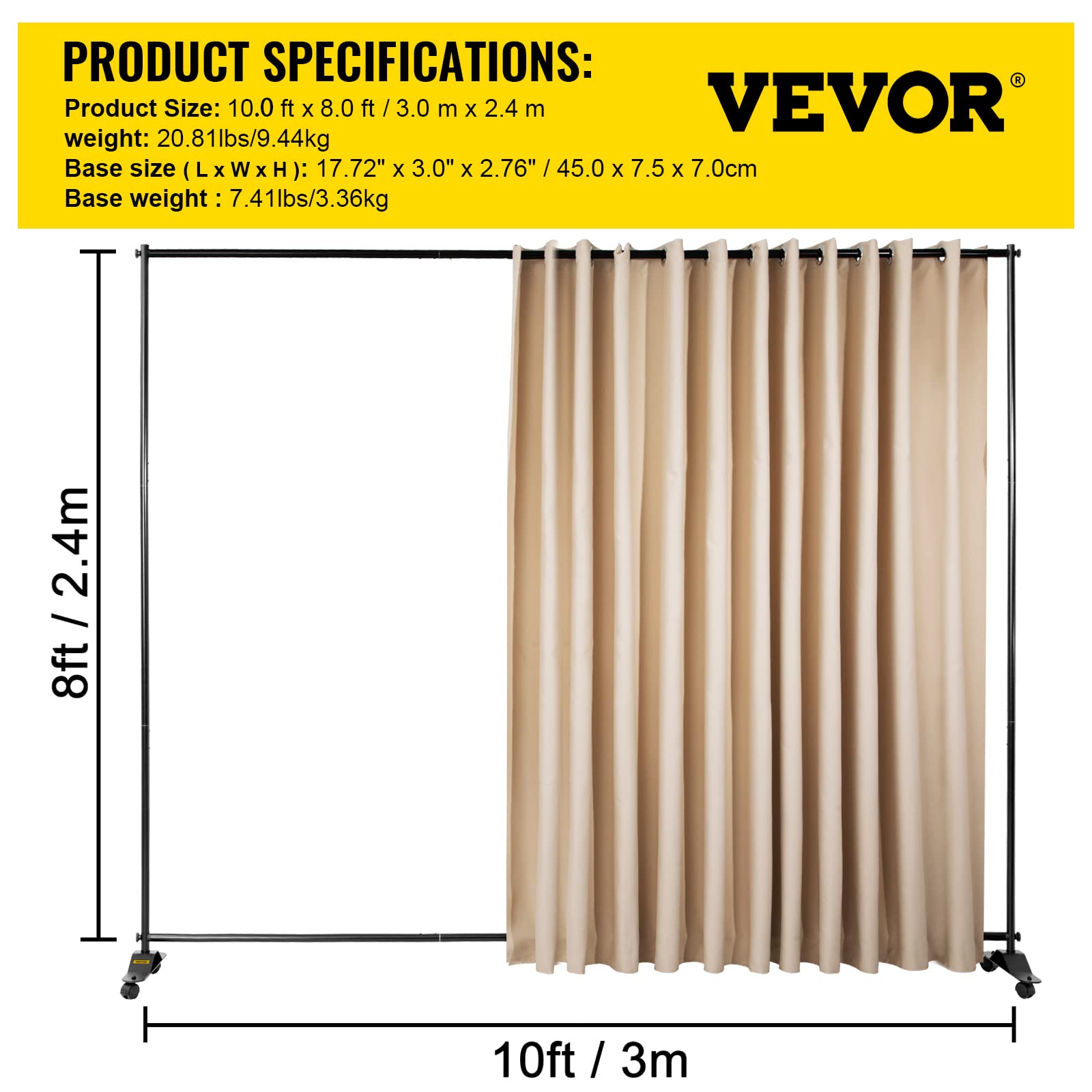VEVOR Room Divider Kit, 8 ft x 10 ft, 4 Rolling Wheels Curtain Divider Stand, Aluminum Alloy