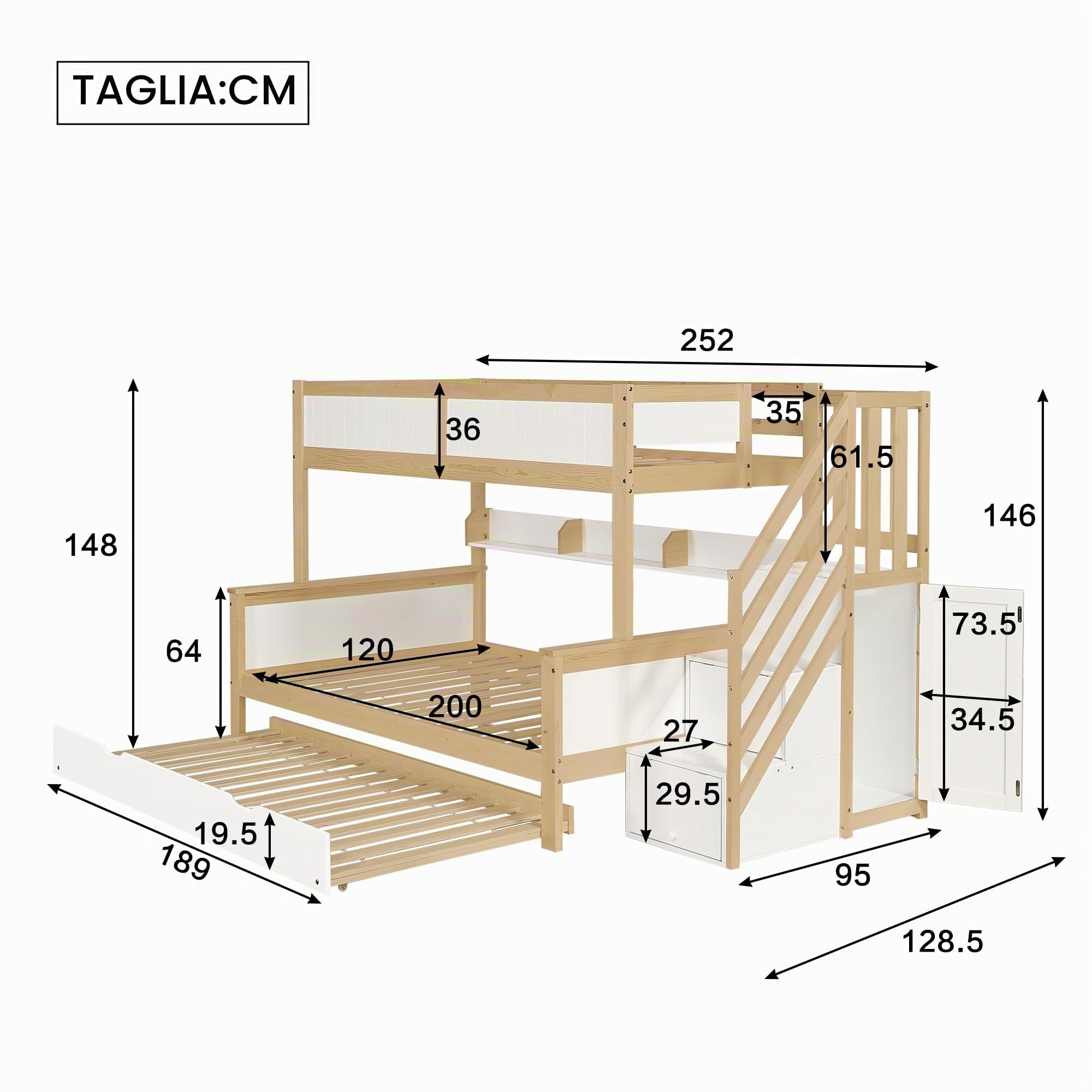 Idemon Lettino a castello, con protezione anticaduta e griglia, progettato con tre posizioni, con letto a rotelle, con armadio, scala angolare, pino+MDF, bianco+naturale, 90 x 200 x 200 x 200 x 200 cm