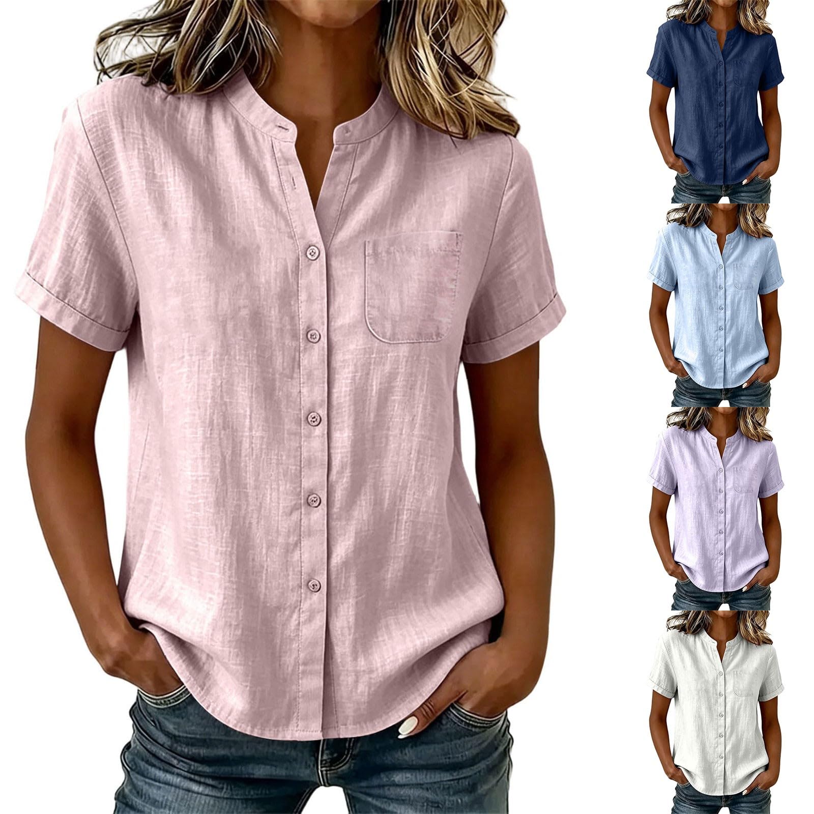 Leinenbluse Damen Musselin V-Ausschnitt Hemd Leinenhemd mit Taschen Leinen Kurzarm Sommer Oberteile Baumwolle Tops mit Knöpfe Casual Bluse Locker Shirt Leichte Tunika Bequem Hemdbluse