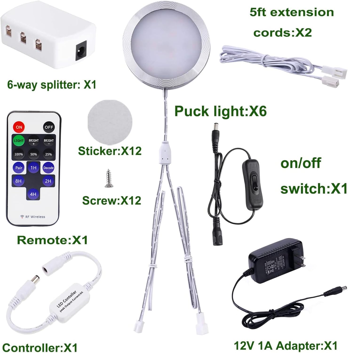 AIBOO Linkable Under Cabinet LED Lighting Kit 12V Slim Dimmable LED Puck Lights with Wireless Controller & UL Listed Wall Plug for Under Counter Lights, Display, Book Case Lighting(6 Pcs, 6000K)