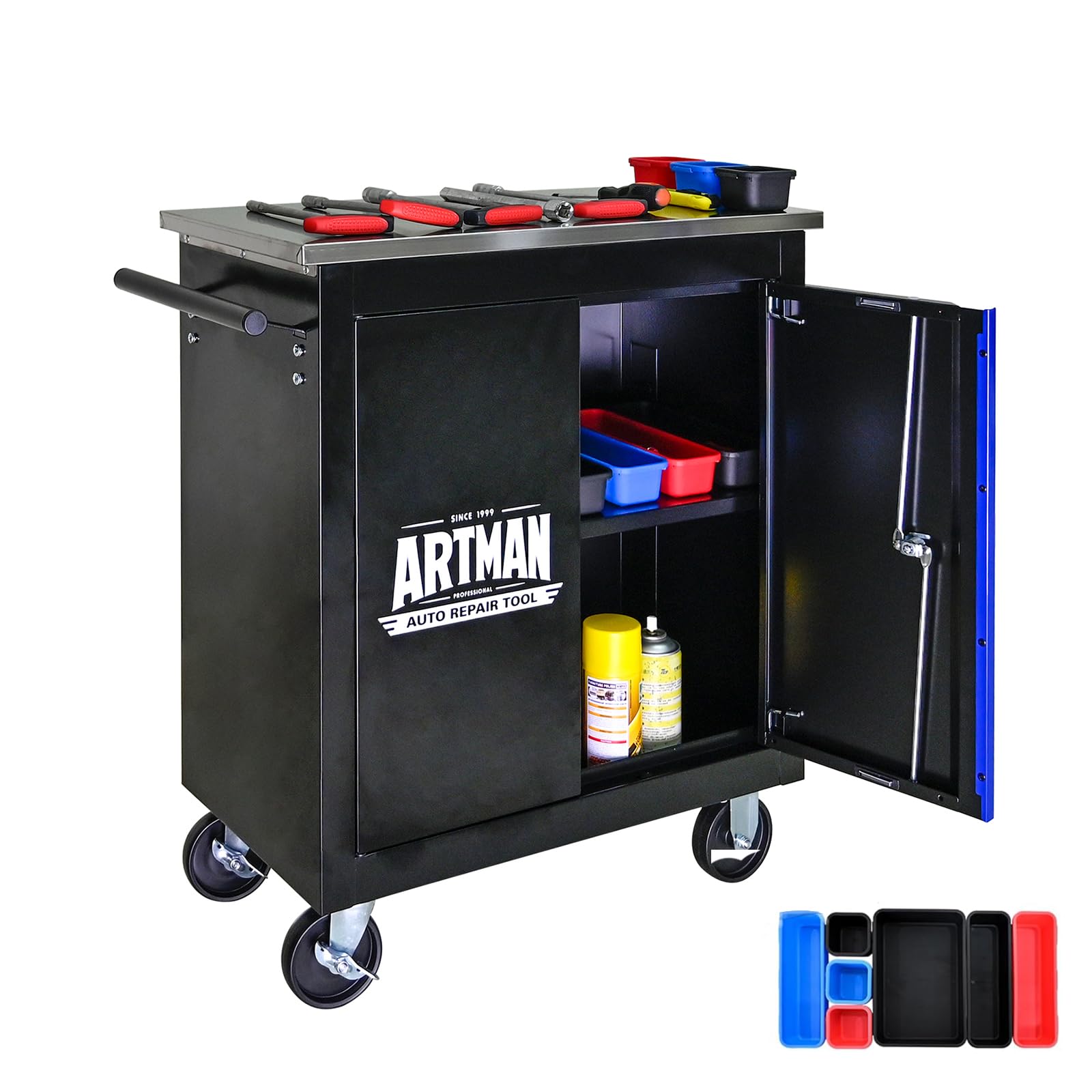 Nanberone Rolling Tool Chest - Lockable Tool Cart on Wheels with 2 Door 2 Shelf Clapboard | Multifunctional Tool Cabinets Metal Storage Cabine for Garage Warehouse DIY Multiple Interconnectable Black