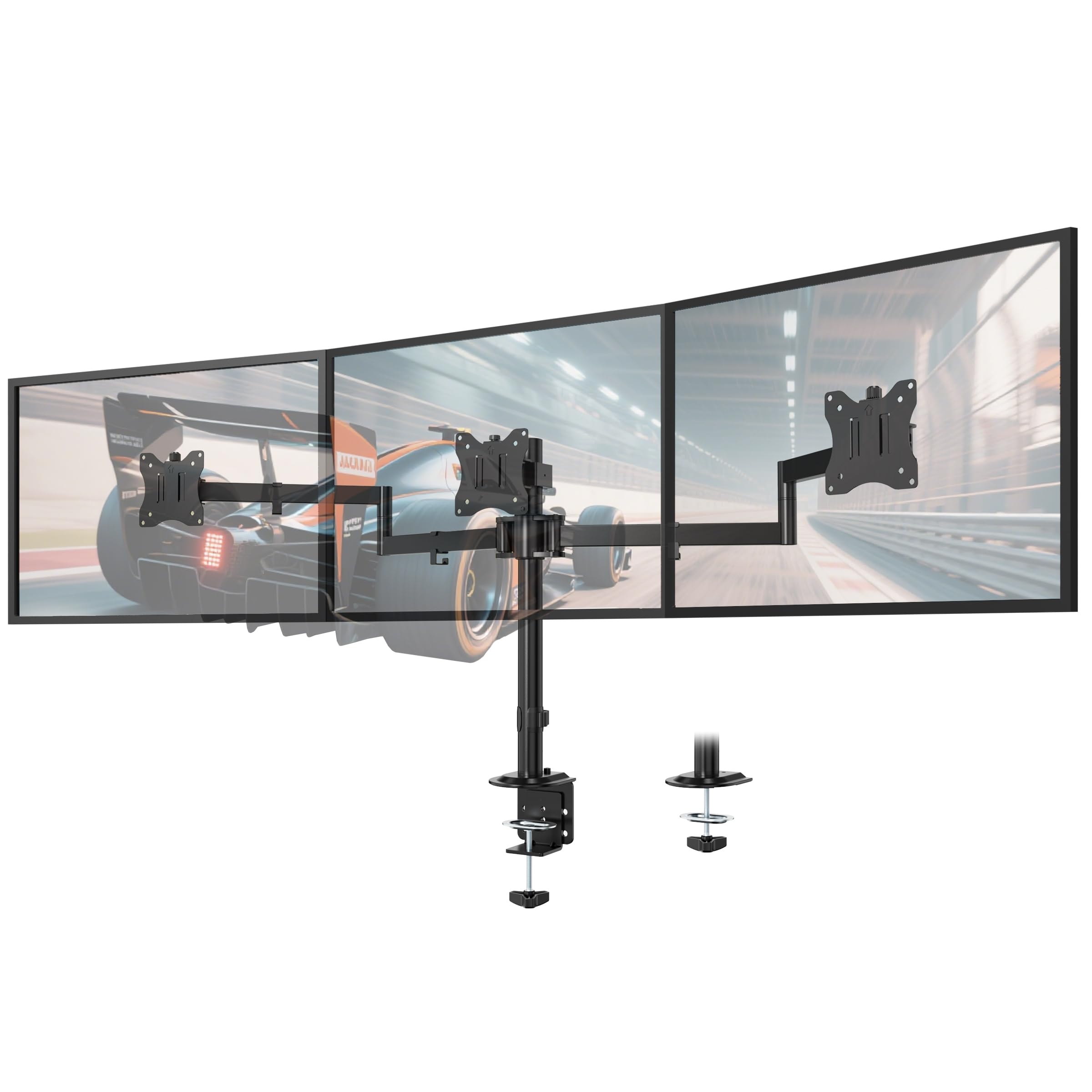 Monitor Halterung 3 Monitore 13-27", VESA 75/100, je 10kg, voll verstellbar | Triple Halterung, Höhenverstellbar, Ergonomisch Tischklemme, Schwarz, Neigung & Drehung verstellbar, Homeoffice & Gaming
