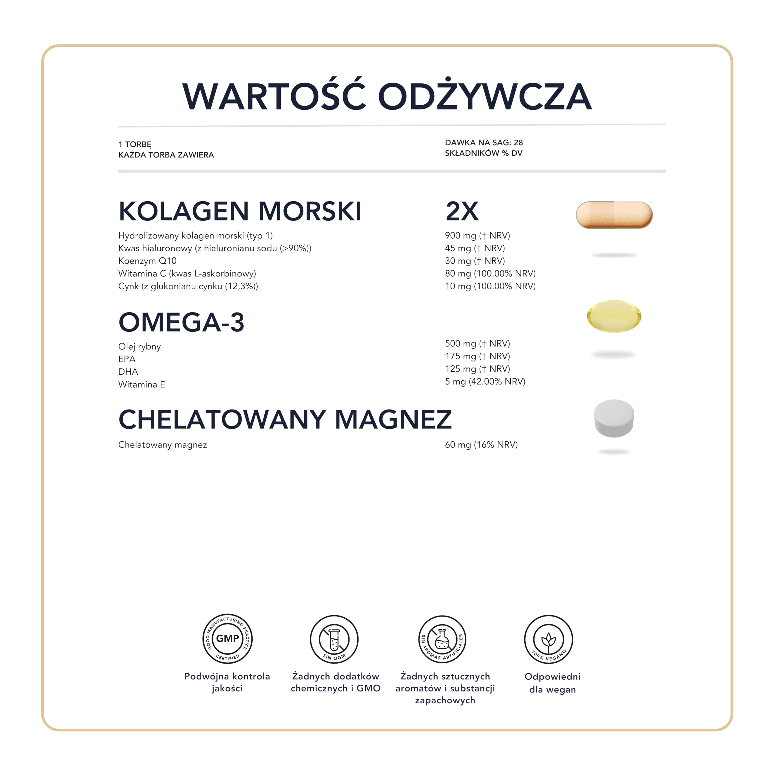 Kolagen morski z kwasem hialuronowym, koenzym Q10, witaminą C, cynkiem, magnezem, Omega 3 TG Ultra - SmartAbsorb™ | dla zdrowia skóry, ruchomości stawów i odporności | 28 saszetek dziennie