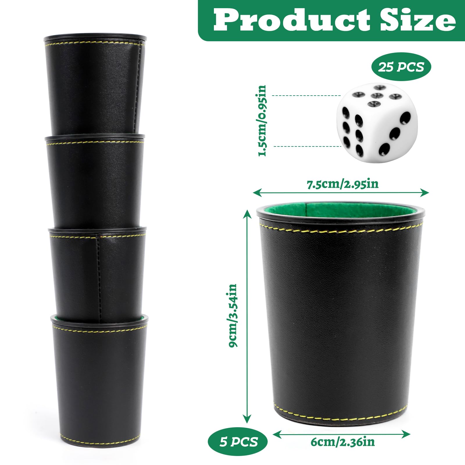 5 Pièces Gobelets à dés en Cuir, Ensemble de Gobelets à dés avec 25 dés, Coupe à dés en Cuir, Jeux de Dés, Jeux de Voyage pour Adultes