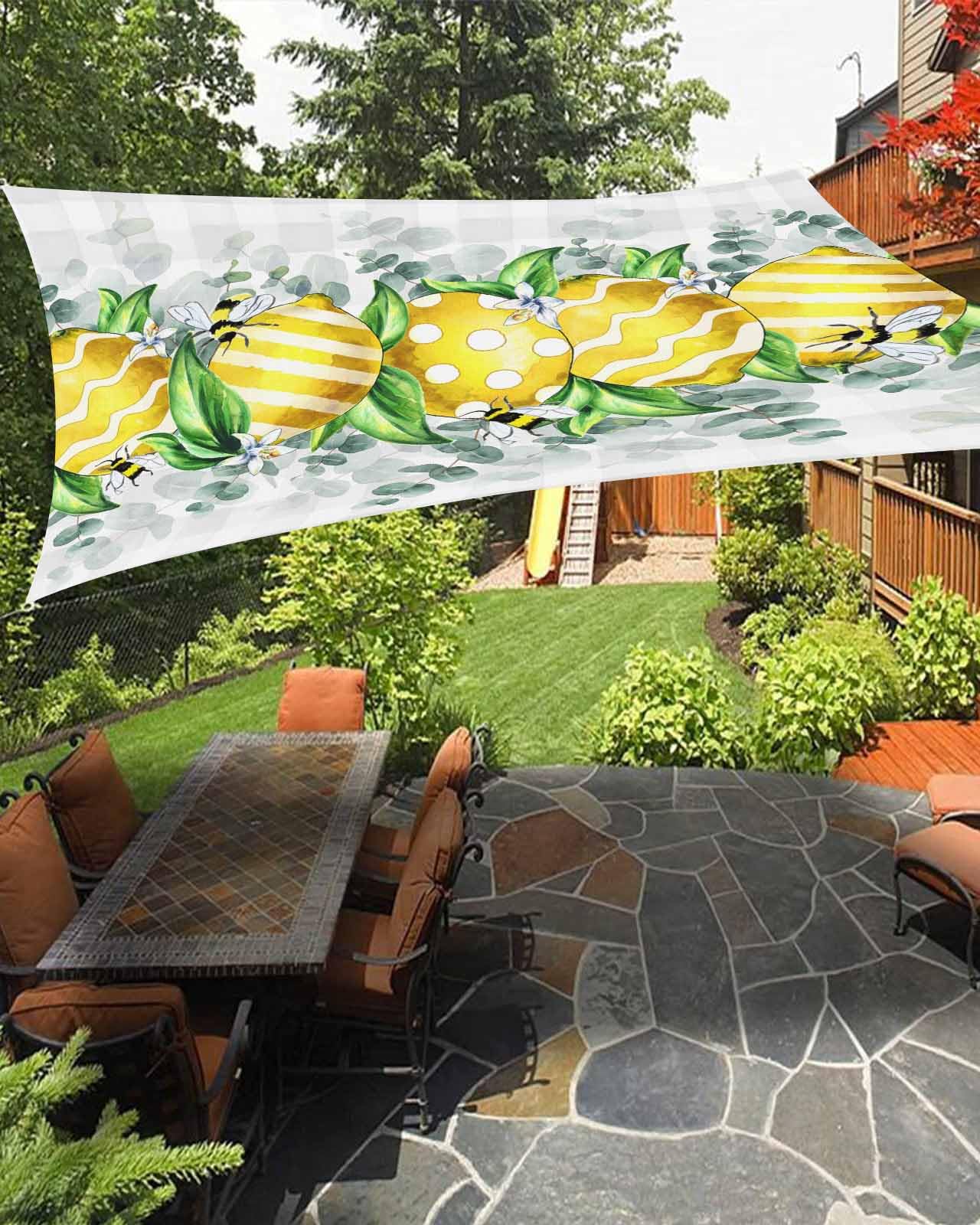 Boanket Sun Shade Sail 8' x 10', Summer Lemon Rectangular Waterproof Outdoor Sun Shades, Watercolor Teal Eucalyptus Leaves Bee Plaid Shade Cloth for Patio Deck Terrace Garden Lawns Beach Backyard