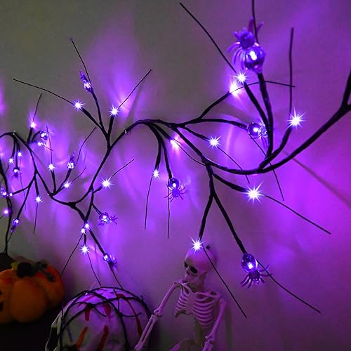 Miniatura 7 de Luces de decoración de Halloween de 6.5 pies, 54 luces LED de sauce con temporizador, guirnalda de luces que funcionan con pilas, 18 calabazas LED y