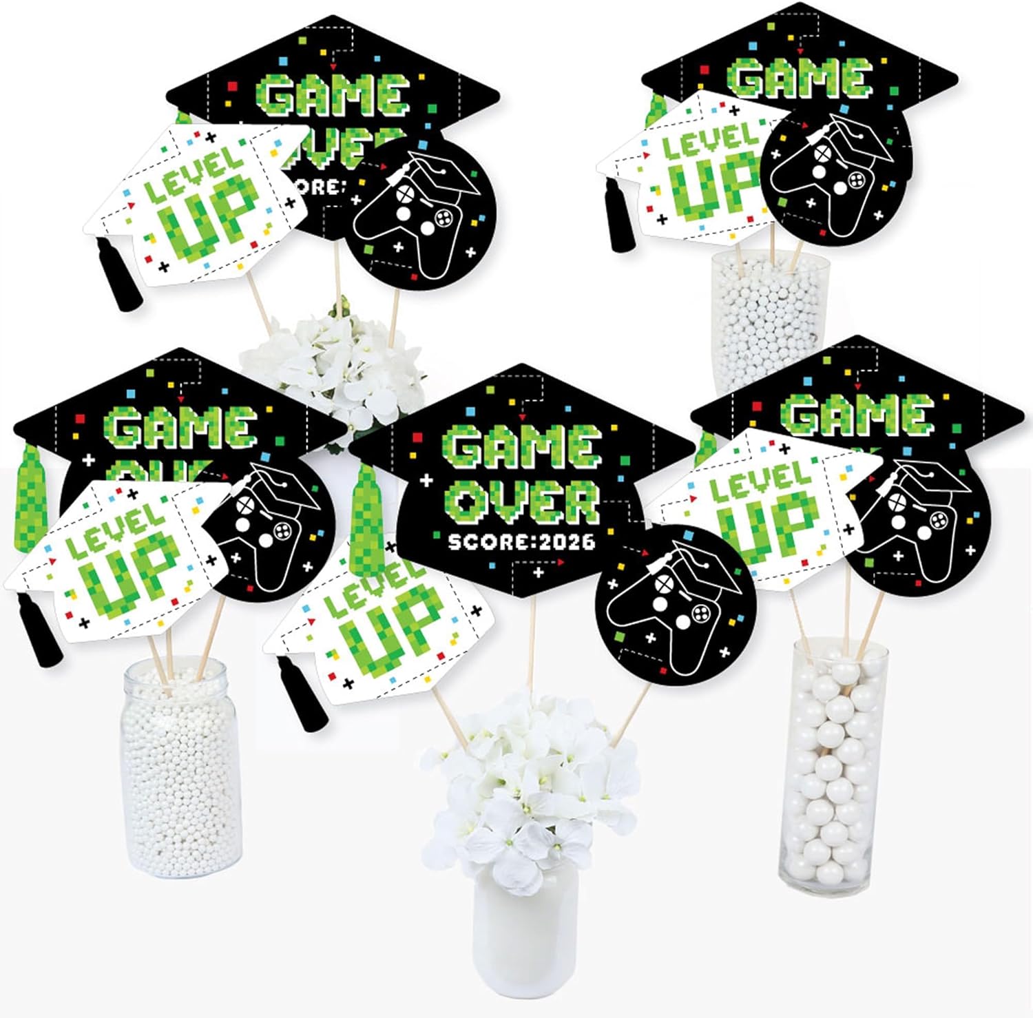 Big Dot of Happiness Game Over - Video Game Graduation Party Centerpiece Sticks - Table Toppers - Set