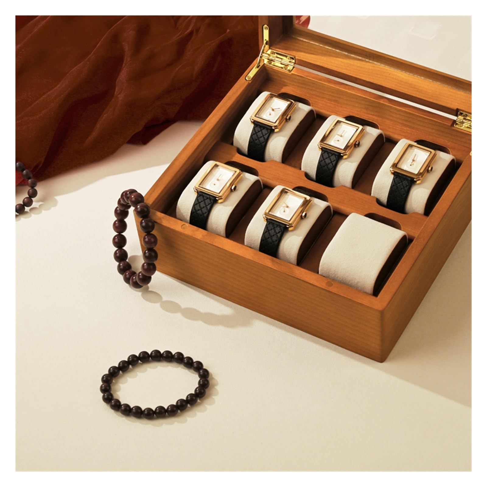1 caja organizadora de reloj de madera con rejilla 1/6 | Caja de reloj de madera de rejilla 1/6, caja de almacenamiento de reloj portátil con almohada y bolsa(Single Gray)
