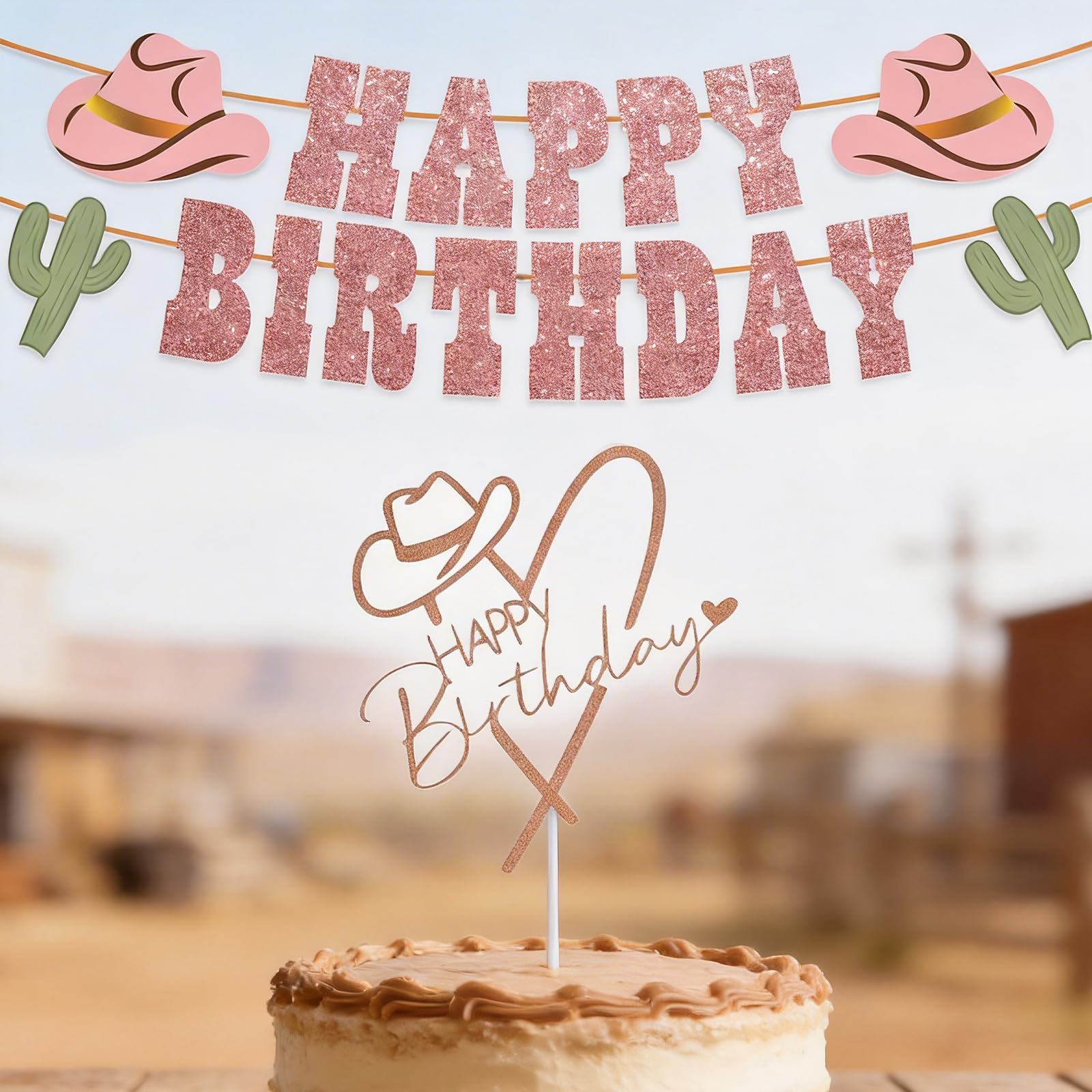 Western Cowboy Cake Topper and Banner Set - Rose Gold Birthday Decorations for Adult Parties - Cowgirl Theme Cake Decor with Hat and Cactus Design