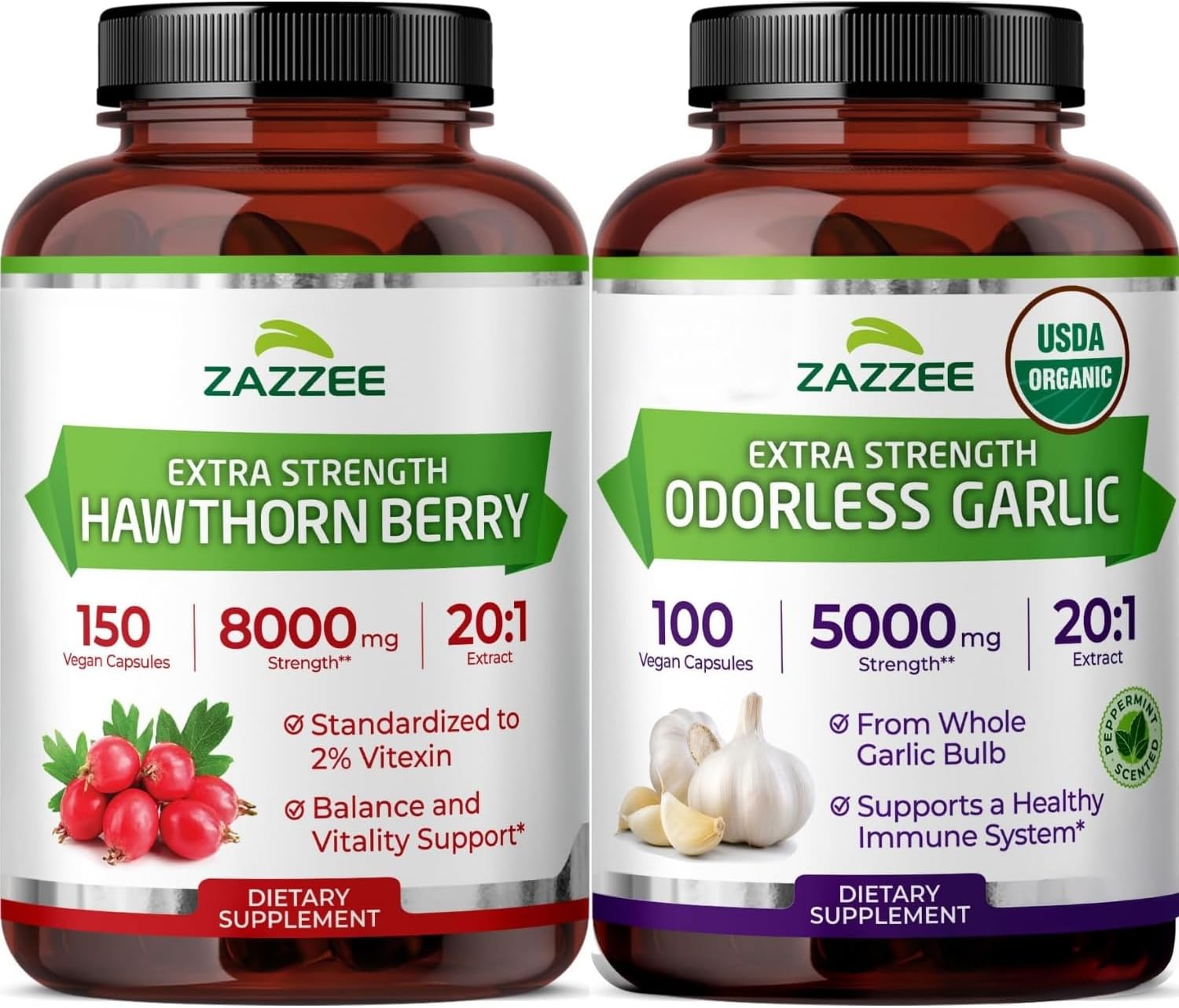 Zazzee Herbal CardioVascu Support Bundle | USDA Organic Odorless Garlic Extract & 20:1 Extra Strength Hawthorn Berry Capsules | Non-GMO Vegan & ISO Lab Tested