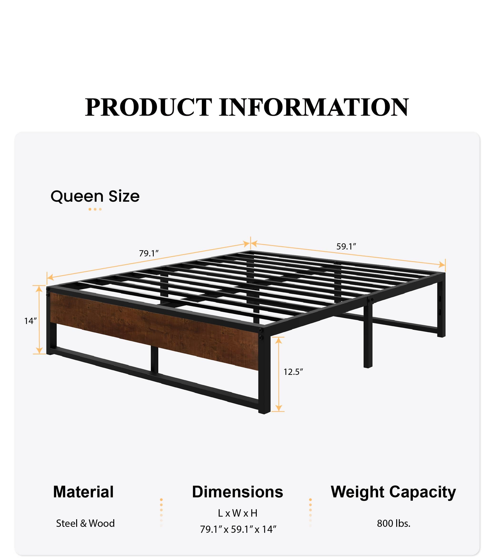 SHA CERLIN 14'' Queen Size Metal Platform Bed Frame with Rustic Wood & Reverse Holes/Ample Under-Bed Storage Space/Mattress Foundation/No Box Spring Needed/Easy Assembly