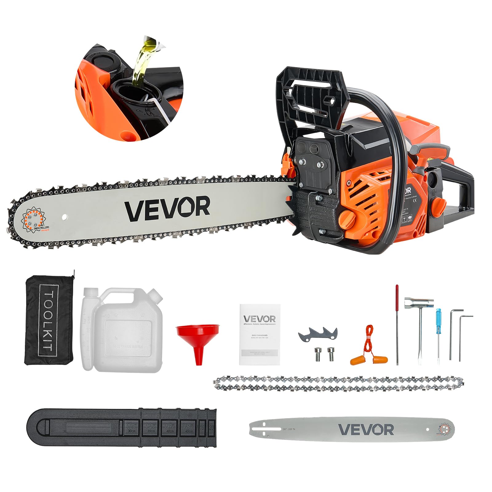 VEVOR Tronçonneuse à Essence 508 mm, Tronçonneuse Thermique 62 cc, 2,7 kW, avec Poignée Antidérapante, Double Réservoir de Carburant, pour Coupe de Bois, Élagage de Branches des Arbres, Défrichement
