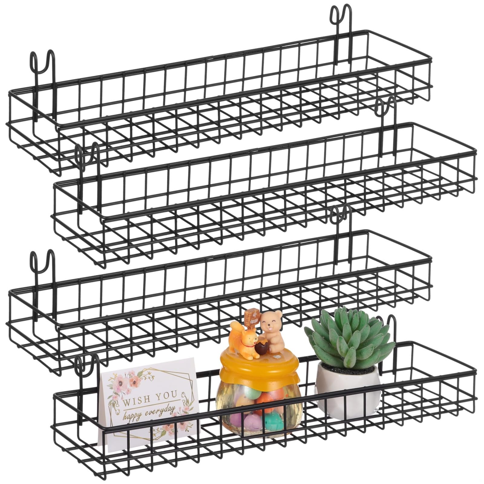 4-Piece Black Metal Grid Wall Storage Baskets (40cm Hanging Organiser) – Sturdy Wall-Mounted Shelves for Kitchen, Bathroom & Home Organisation