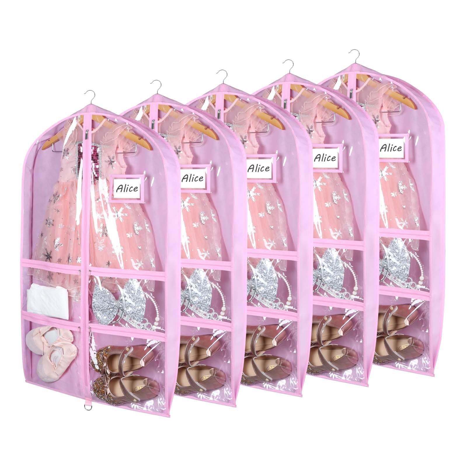 Syeeiex 3" Gusseted Clear Dance Costume Garment Bag(5 Pack), 40'' Dance Garment Bags for Dancers with 4 Zipper Pockets & Can Hold 1-3 Dance Costumes -