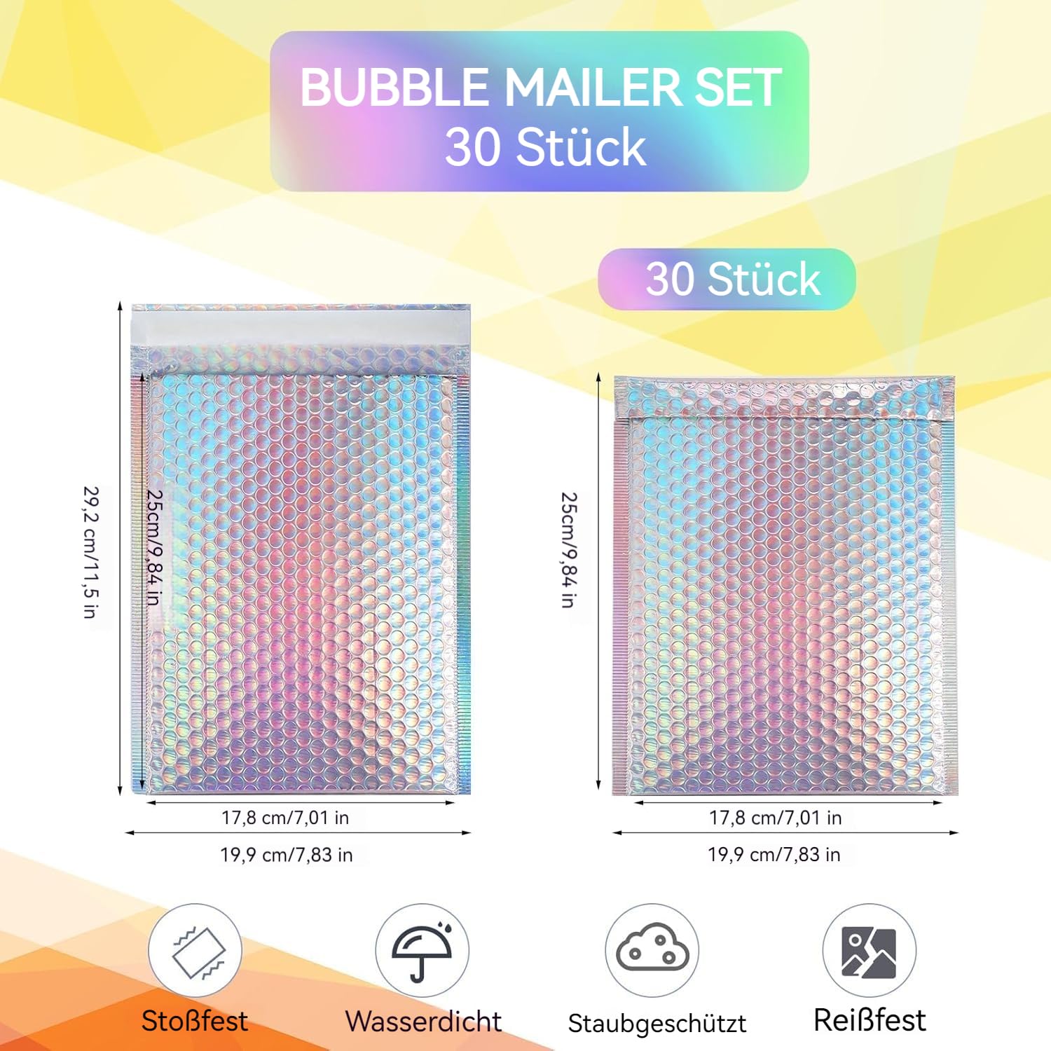 30 Stück Metallic Luftpolsterumschläge, Selbstklebende Luftpolstertaschen, Luftpolster-Versandtaschen für Versand und Verpackung, Wasserdichte Gepolsterte Umschläge, Innenmaß 17,8 x 25 cm