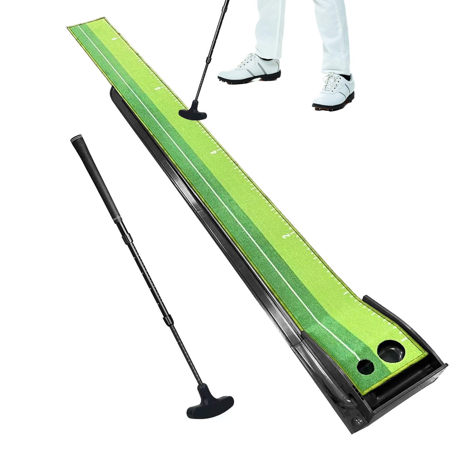 Golf Putting Mat Set, putting mat with Adjustable 41-90cm Extendable Putter, Dual Holes Practice Green with Automatic Ball Return, 2.8m Long Indoor Outdoor Golf Training Mat for Home, Office &Backyard