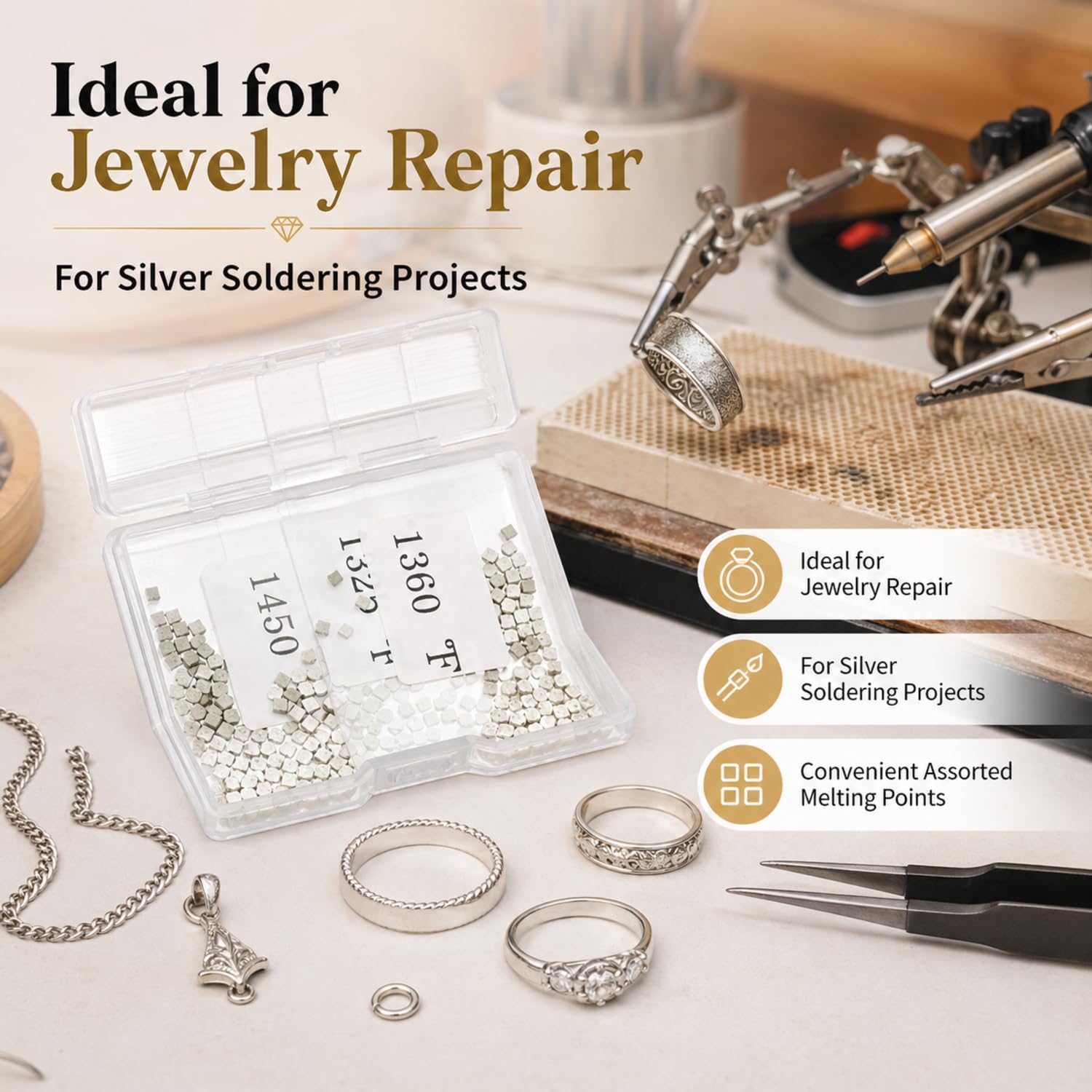 Moxweyeni About 500 Pcs 4.5 Grams Silver Solder Jewelry Precut Chips Solder Ultra Tiny Medium Density Easy Bond for Jewelry (E, M, H)(2 x 2 mm)